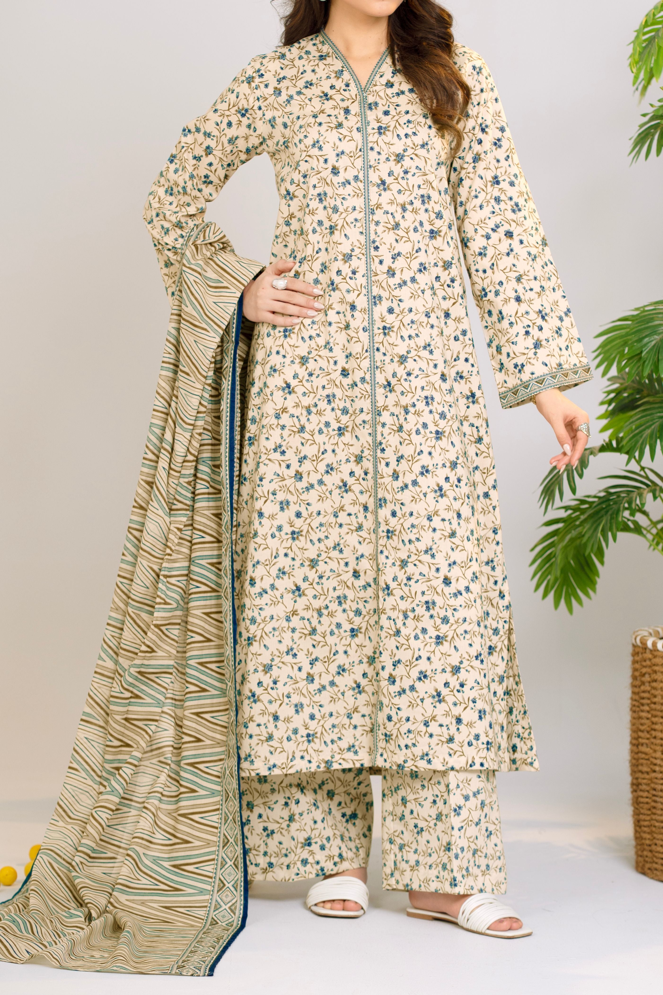 Printed Lawn Suit 3Pc with Printed Dupatta and Dyed Cambric Trouser