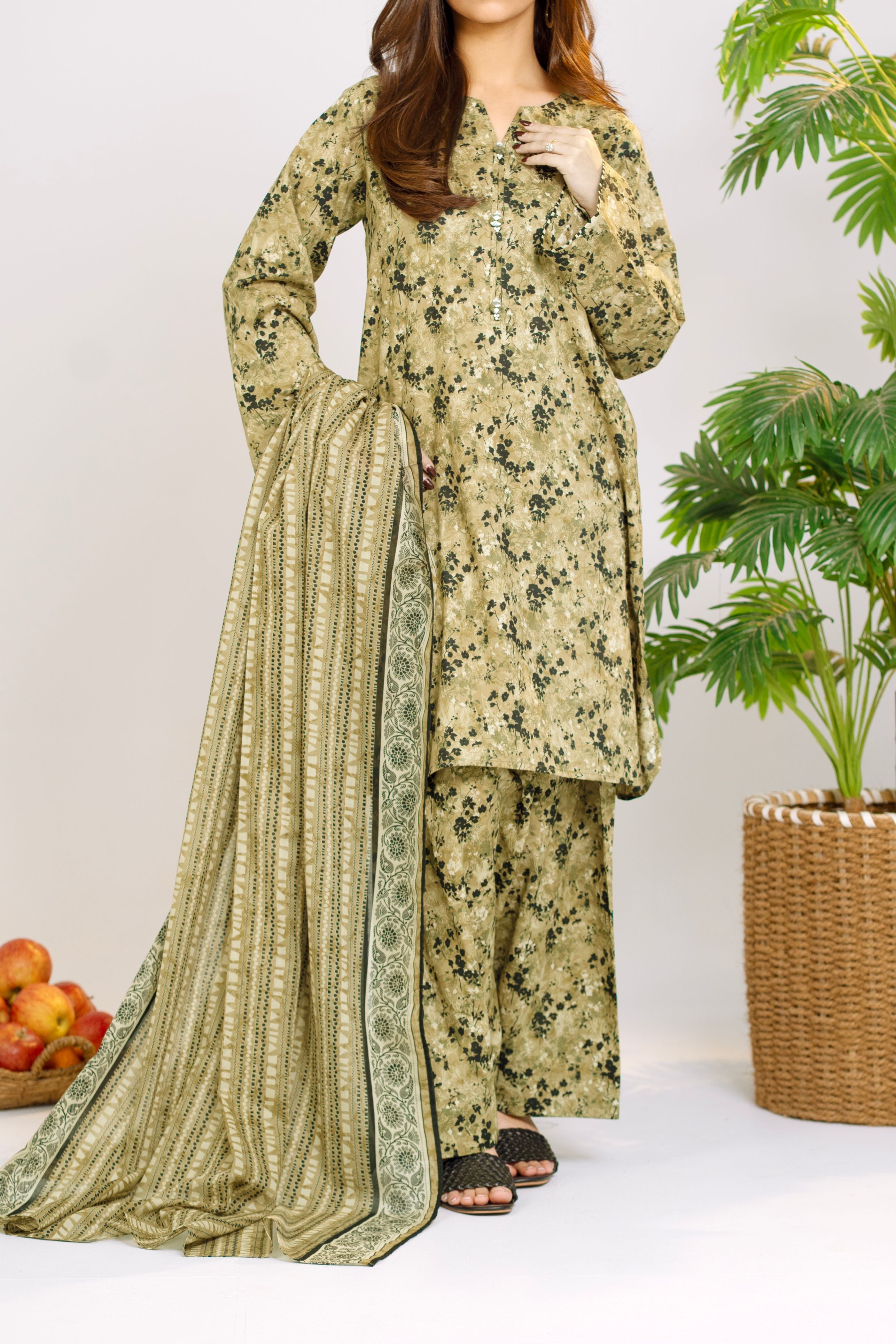 Printed Lawn Suit 3Pc with Printed Dupatta and Dyed Cambric Trouser