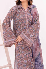Lilac Printed Lawn Suit 3Pc with Printed Dupatta and Dyed Cambric Trouser