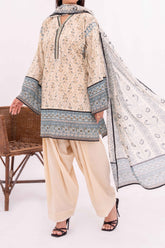 Cream Printed Lawn Suit 3Pc with Printed Dupatta and Dyed Cambric Trouser
