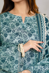 Printed Lawn Suit 3Pc with Printed Dupatta and Dyed Cambric Trouser