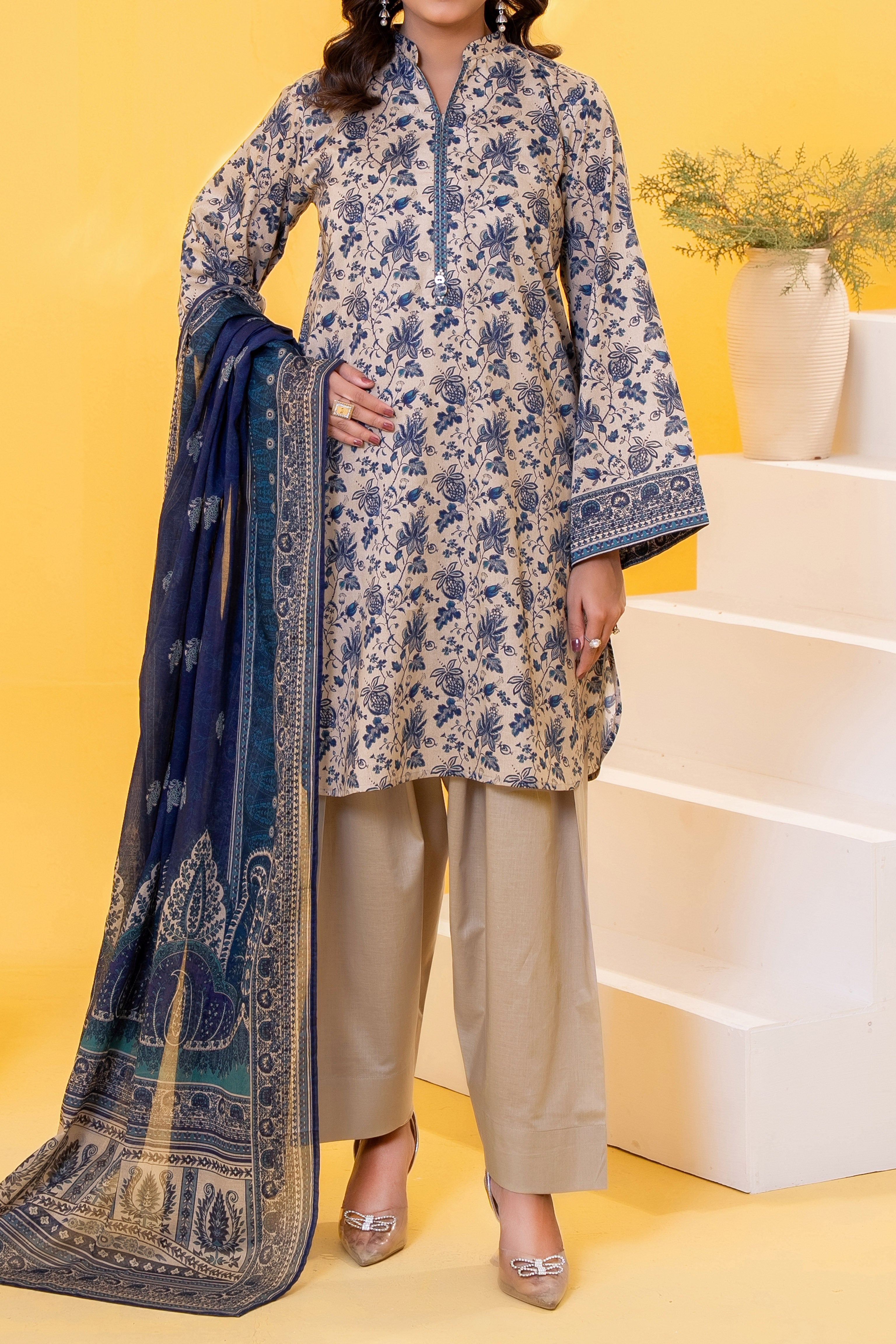 Printed Lawn Suit 3Pc with Printed Dupatta and Dyed Cambric Trouser