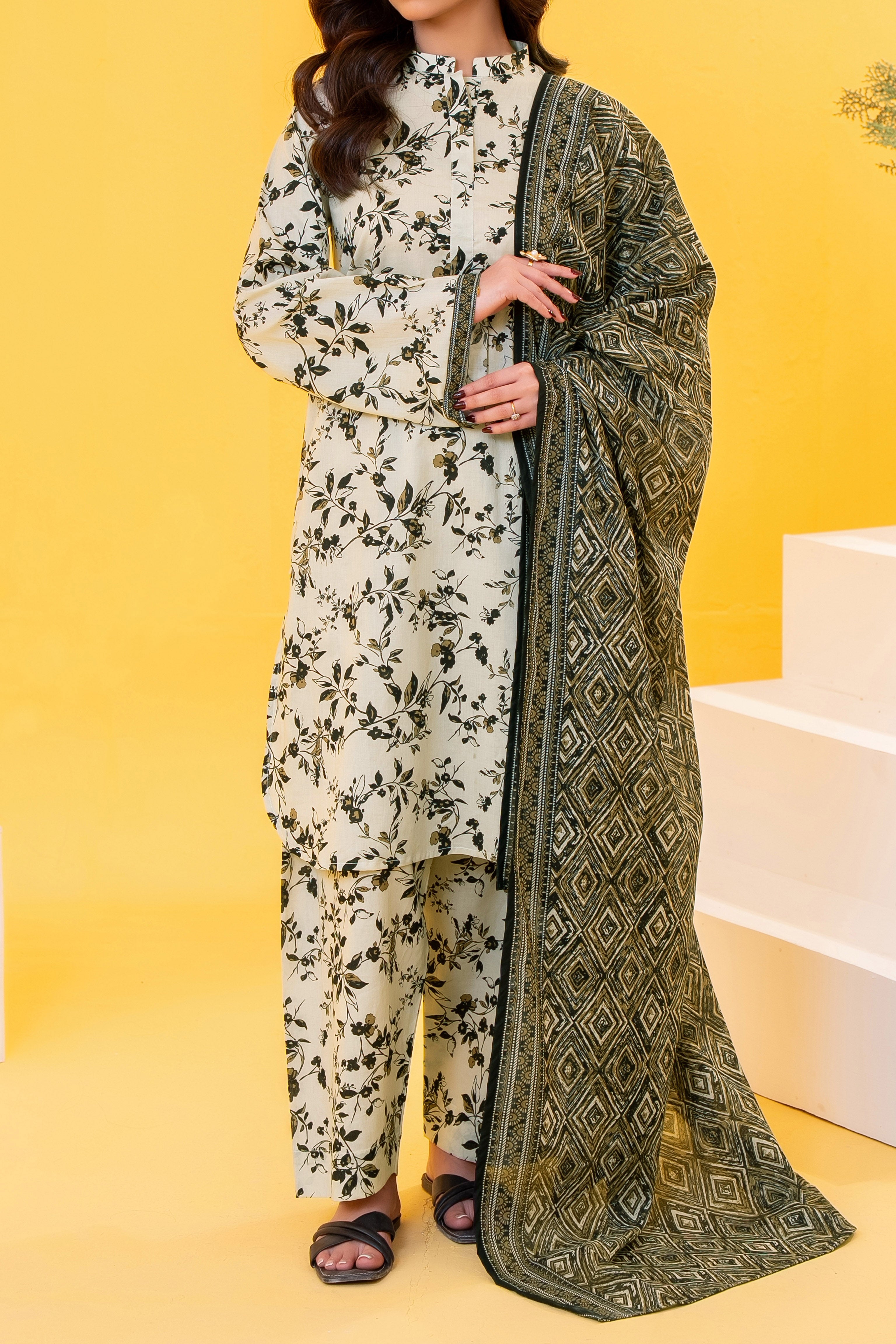 White & Black Printed Lawn Suit 3Pc with Printed Dupatta and Dyed Cambric Trouser