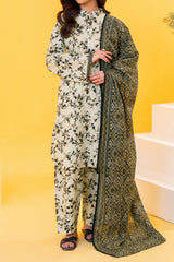 White & Black Printed Lawn Suit 3Pc with Printed Dupatta and Dyed Cambric Trouser