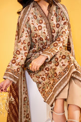 Light Brown printed 3 piece lawn suit for women with lawn dupatta and cambric trouser
Printed lawn shirt in black color for ladies