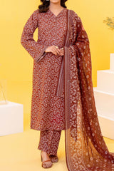 Red Printed Lawn Suit 3Pc with Printed Dupatta and Dyed Cambric Trouser
