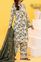 White & Black Printed Lawn Suit 3Pc with Printed Dupatta and Dyed Cambric Trouser