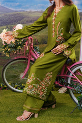 Cotton Satin Shirt with Solid Dyed Trouser featuring detailed stitching