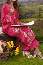 Cotton Satin Shirt with Solid Dyed Trouser featuring detailed stitching