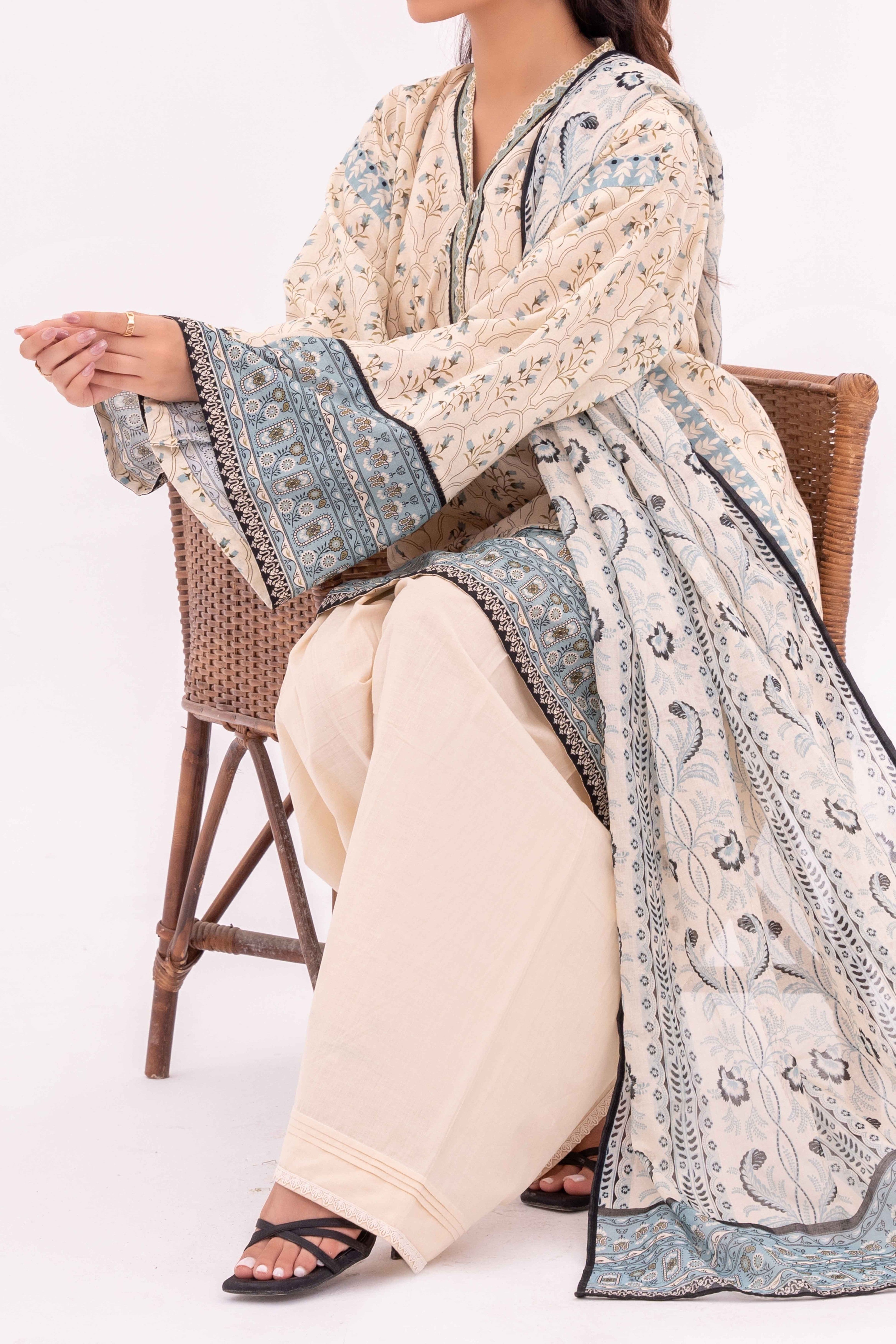 Cream Printed Lawn Suit 3Pc with Printed Dupatta and Dyed Cambric Trouser