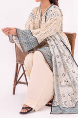 Cream Printed Lawn Suit 3Pc with Printed Dupatta and Dyed Cambric Trouser