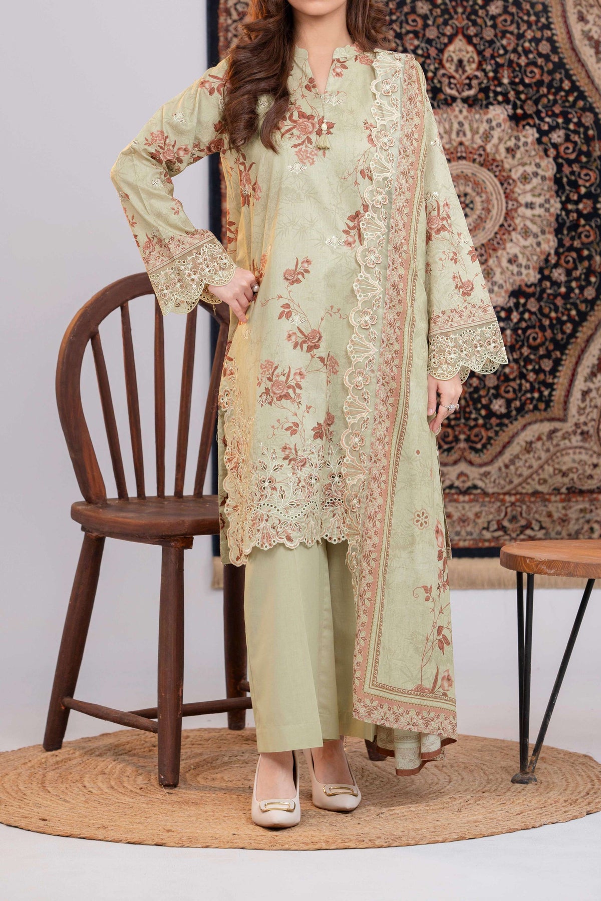 NUSLE3055 Printed Embroidered Suit - Unstitched 3Pc
