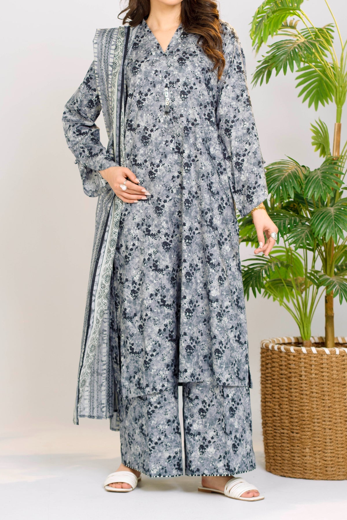 Printed Lawn Suit 3Pc with Printed Dupatta and Dyed Cambric Trouser