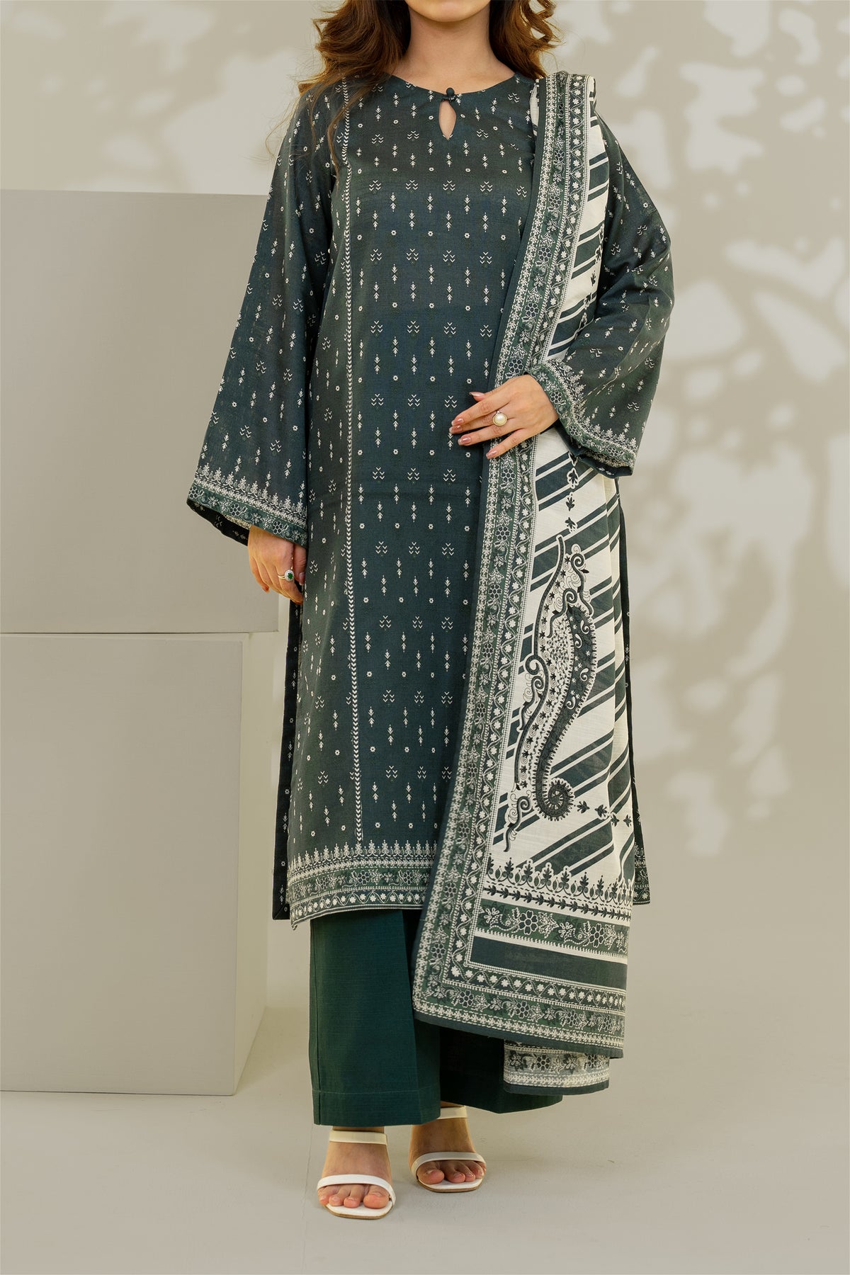 Unstitched 3Pc - Printed Khaddar Suit - 263009