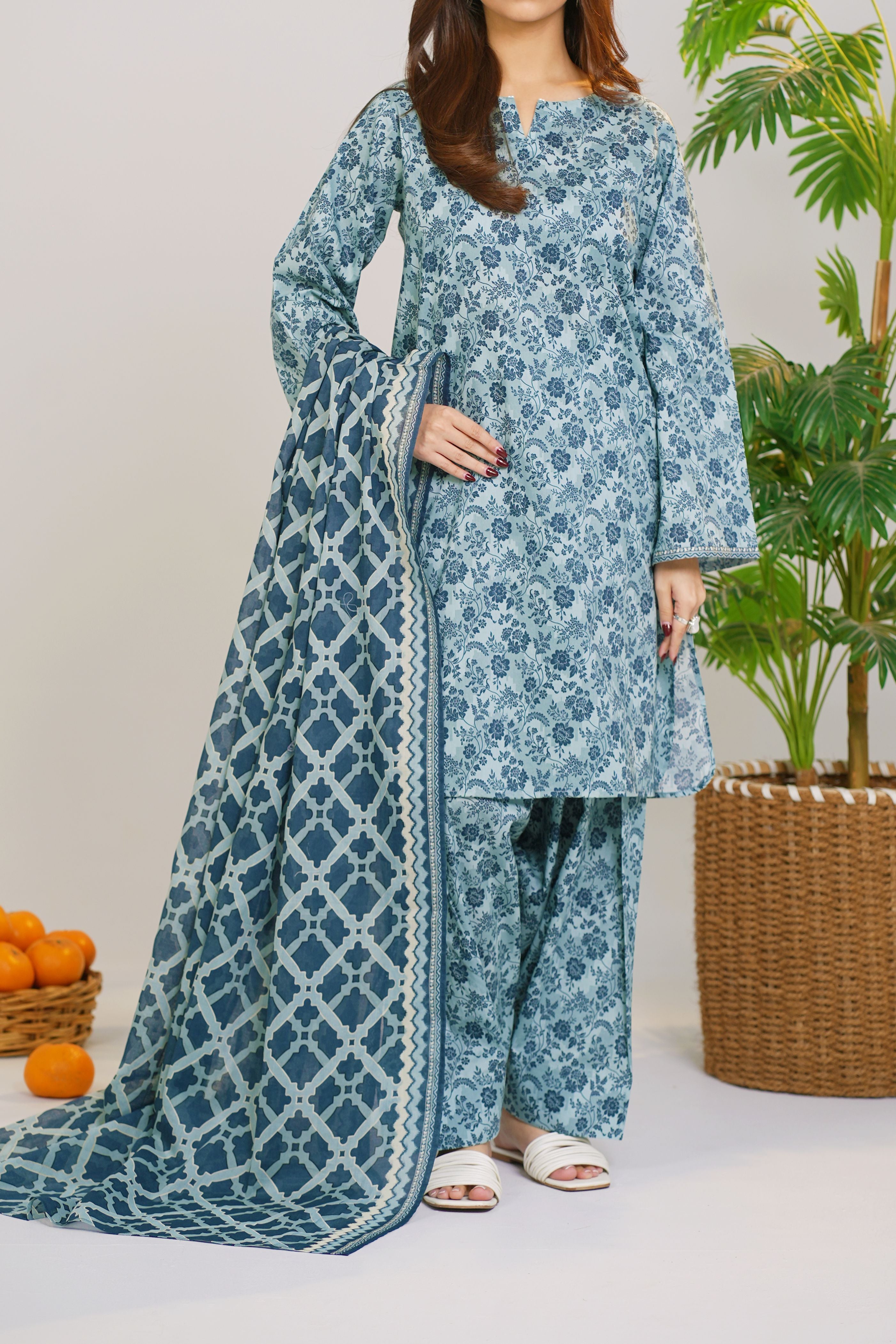 Printed Lawn Suit 3Pc with Printed Dupatta and Dyed Cambric Trouser
