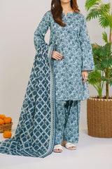 Printed Lawn Suit 3Pc with Printed Dupatta and Dyed Cambric Trouser