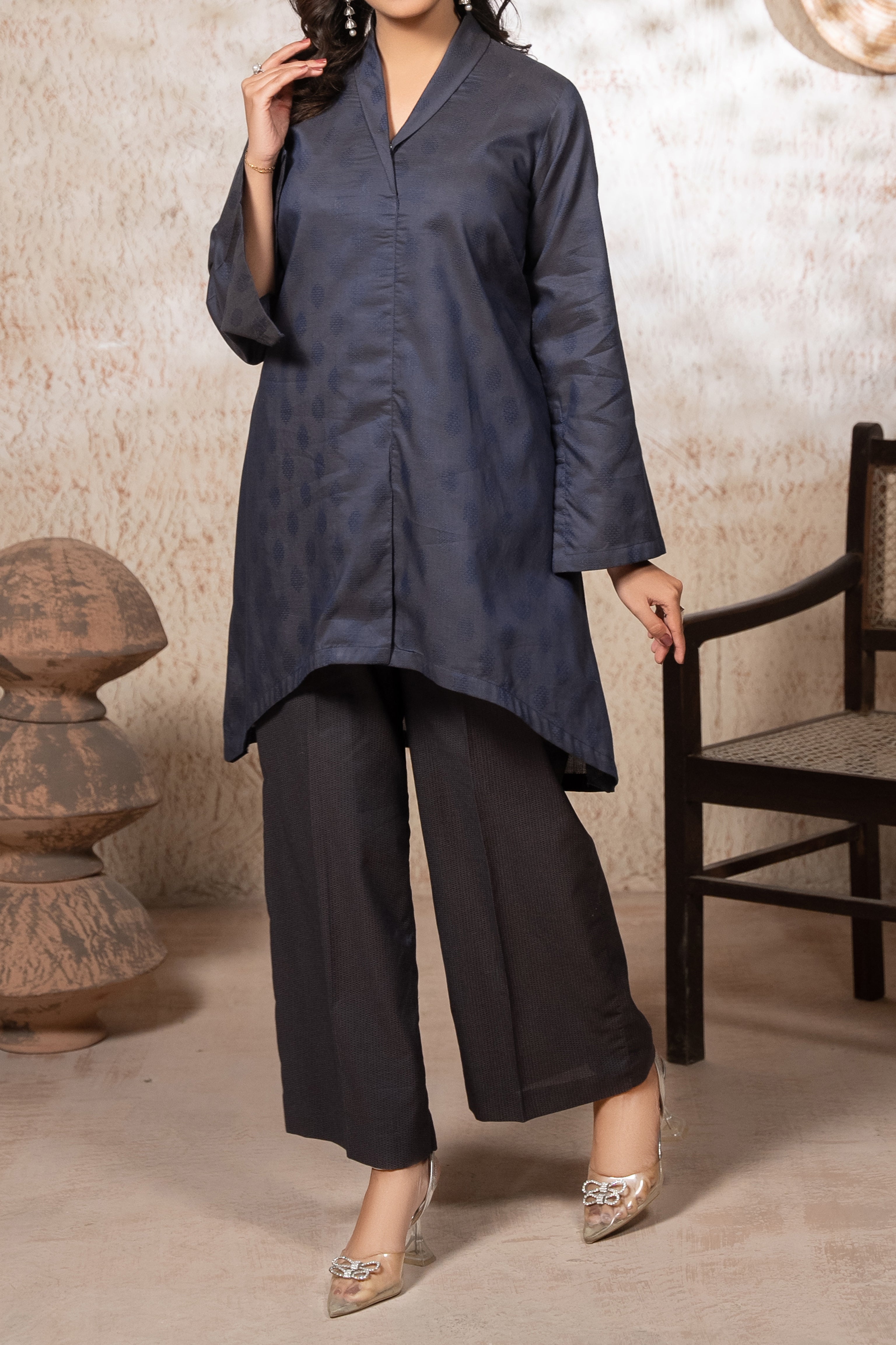 Blue Lawn Jacquard Stitched 2 Piece Suit for Women