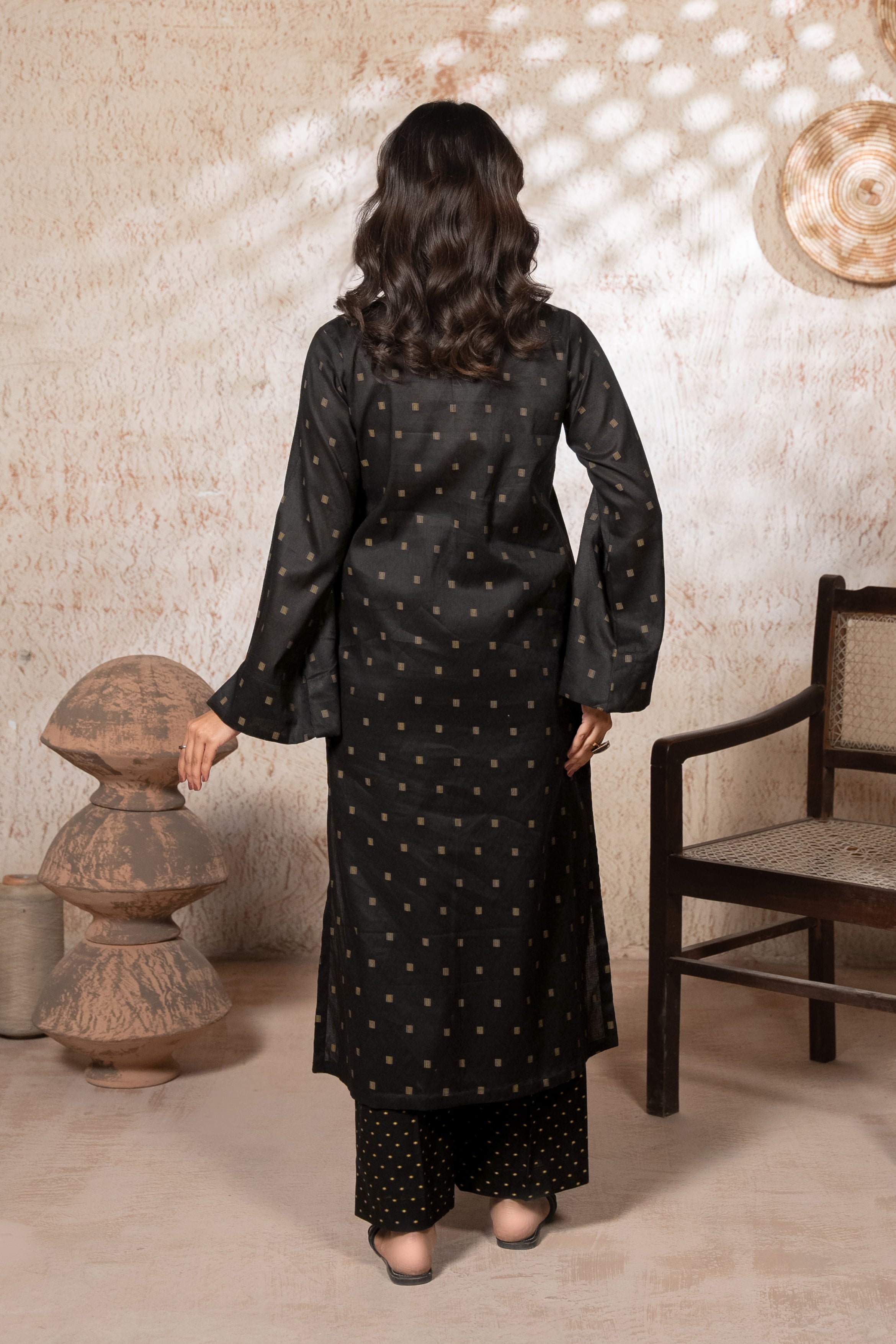 Black Lawn Jacquard Stitched 2 Piece Suit for Women