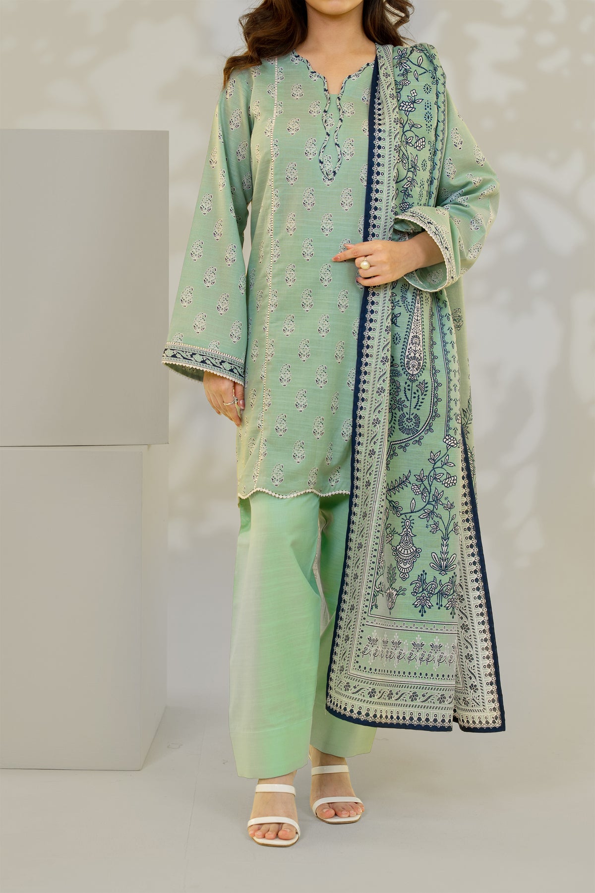 Unstitched 3Pc - Printed Khaddar Suit - 263011