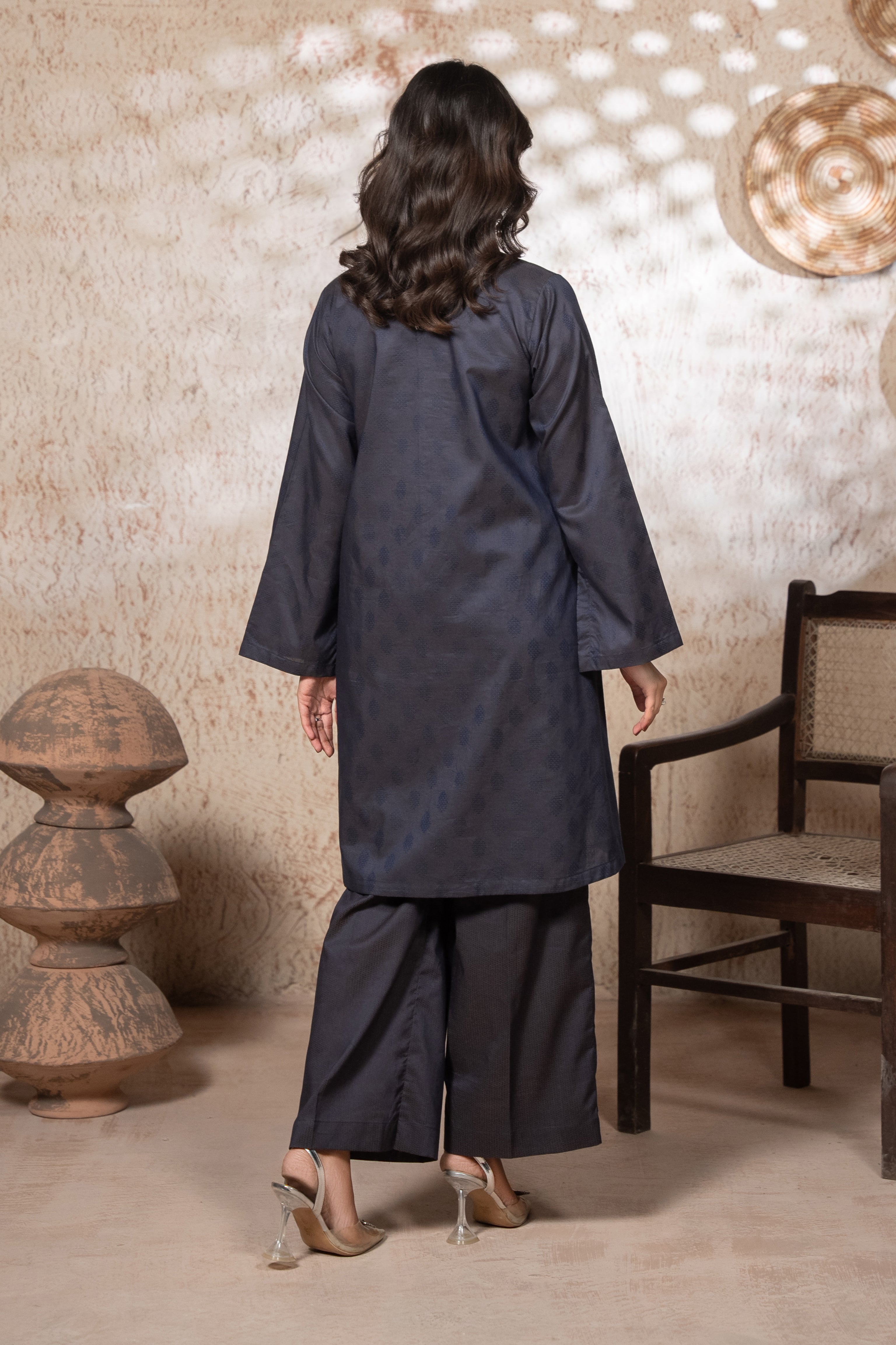 Blue Lawn Jacquard Stitched 2 Piece Suit for Women