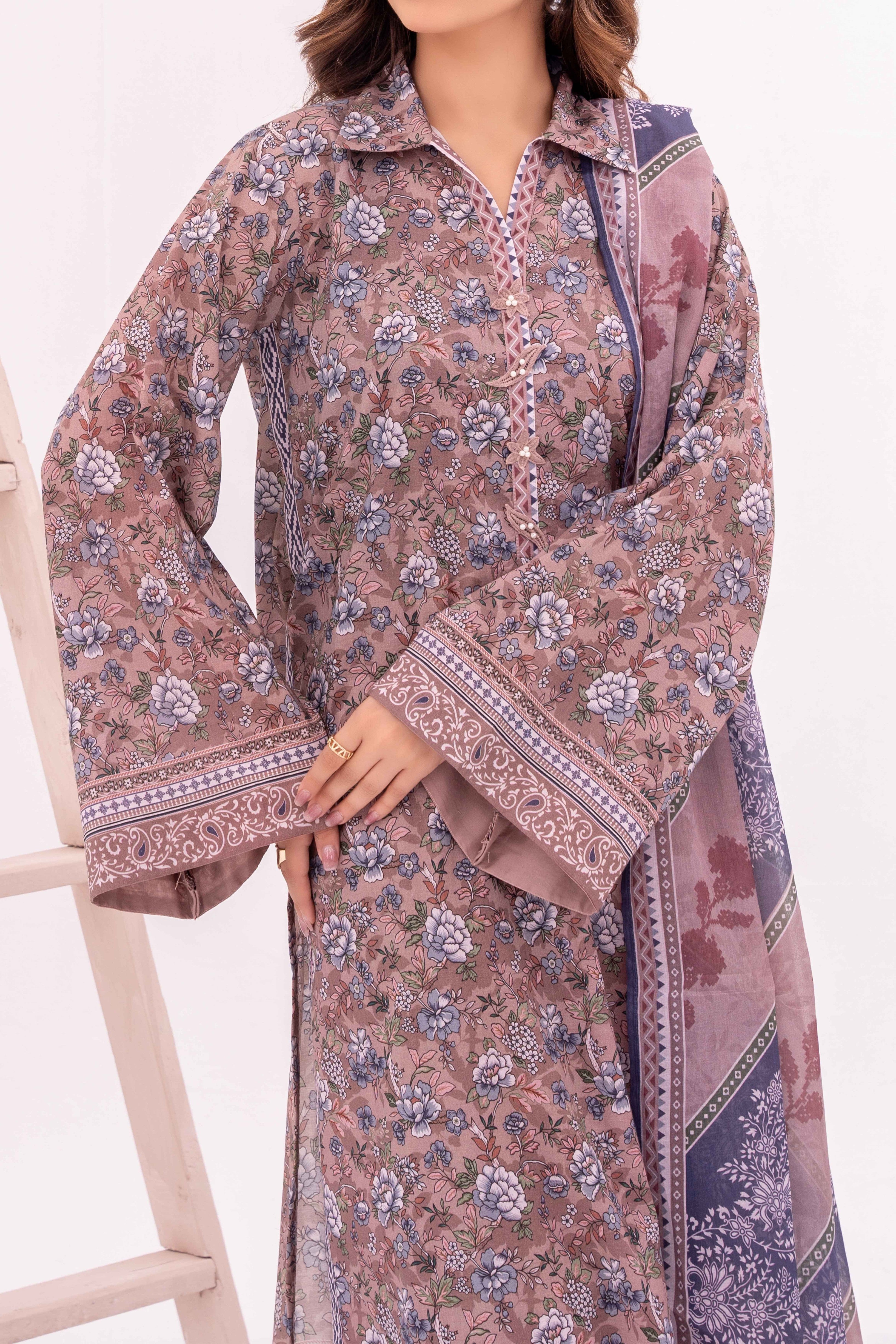 Lilac Printed Lawn Suit 3Pc with Printed Dupatta and Dyed Cambric Trouser