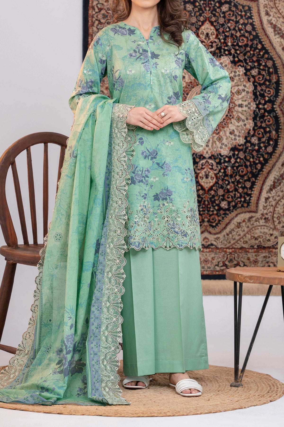 NUSLE3054 Printed Embroidered Suit - Unstitched 3Pc