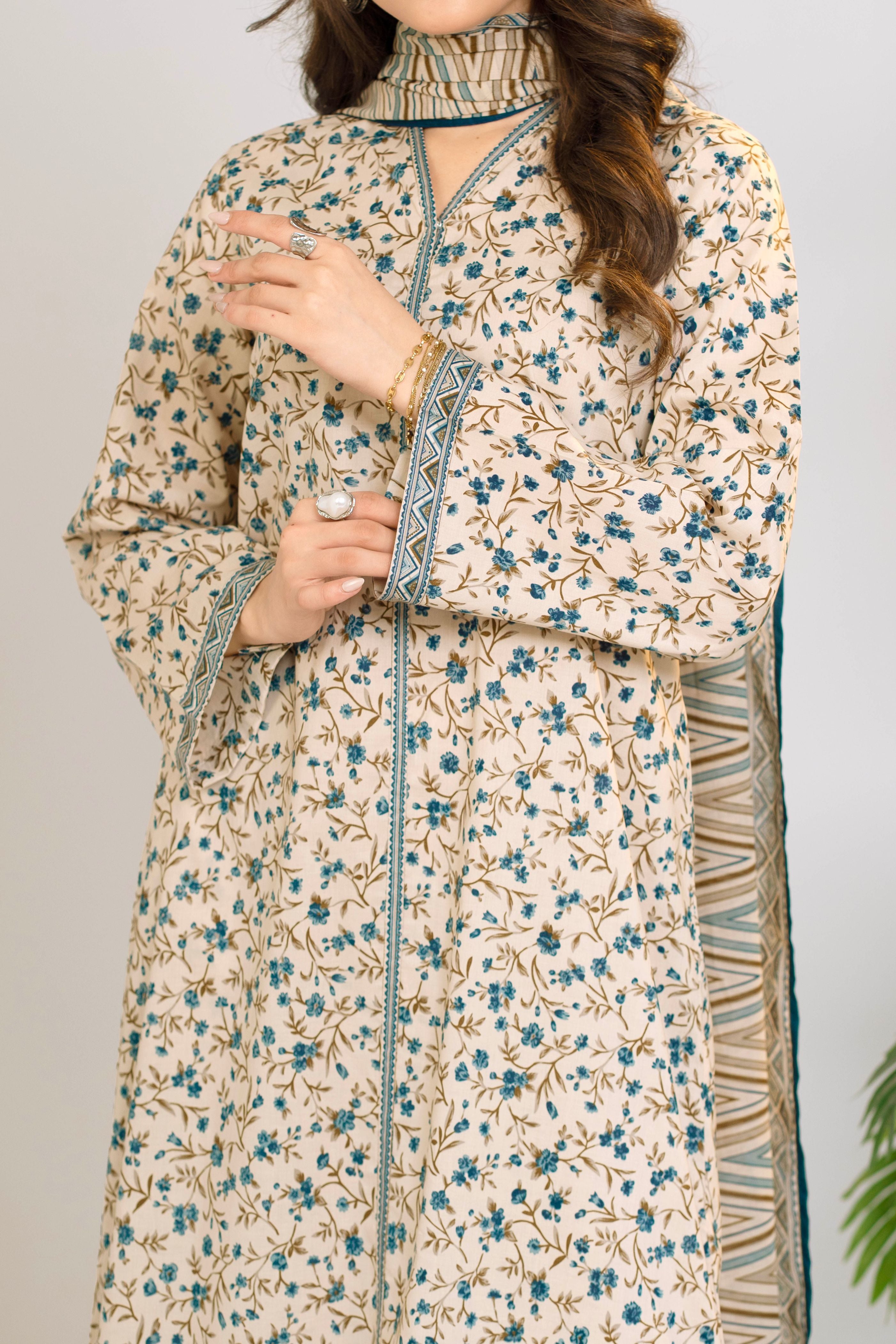 Printed Lawn Suit 3Pc with Printed Dupatta and Dyed Cambric Trouser