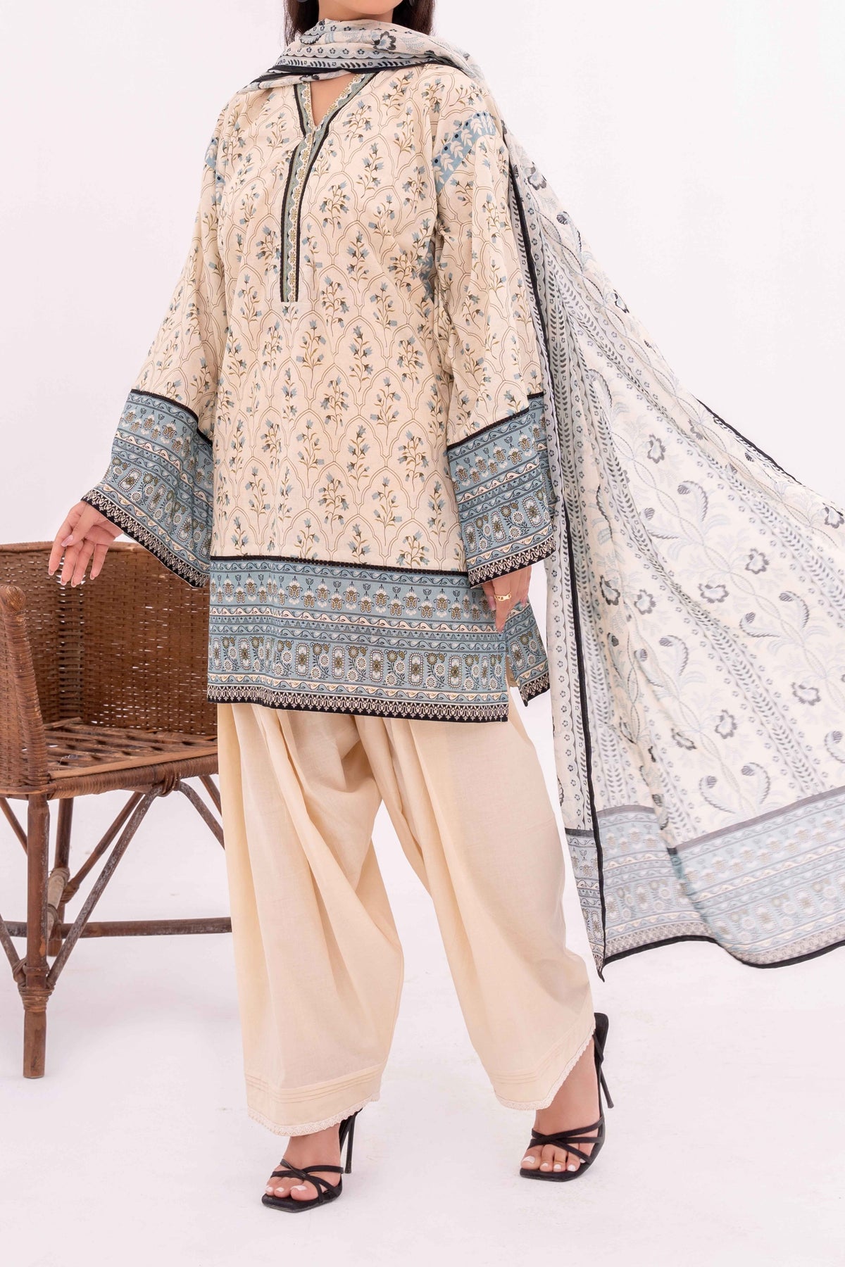 Cream Printed Lawn Suit 3Pc with Printed Dupatta and Dyed Cambric Trouser