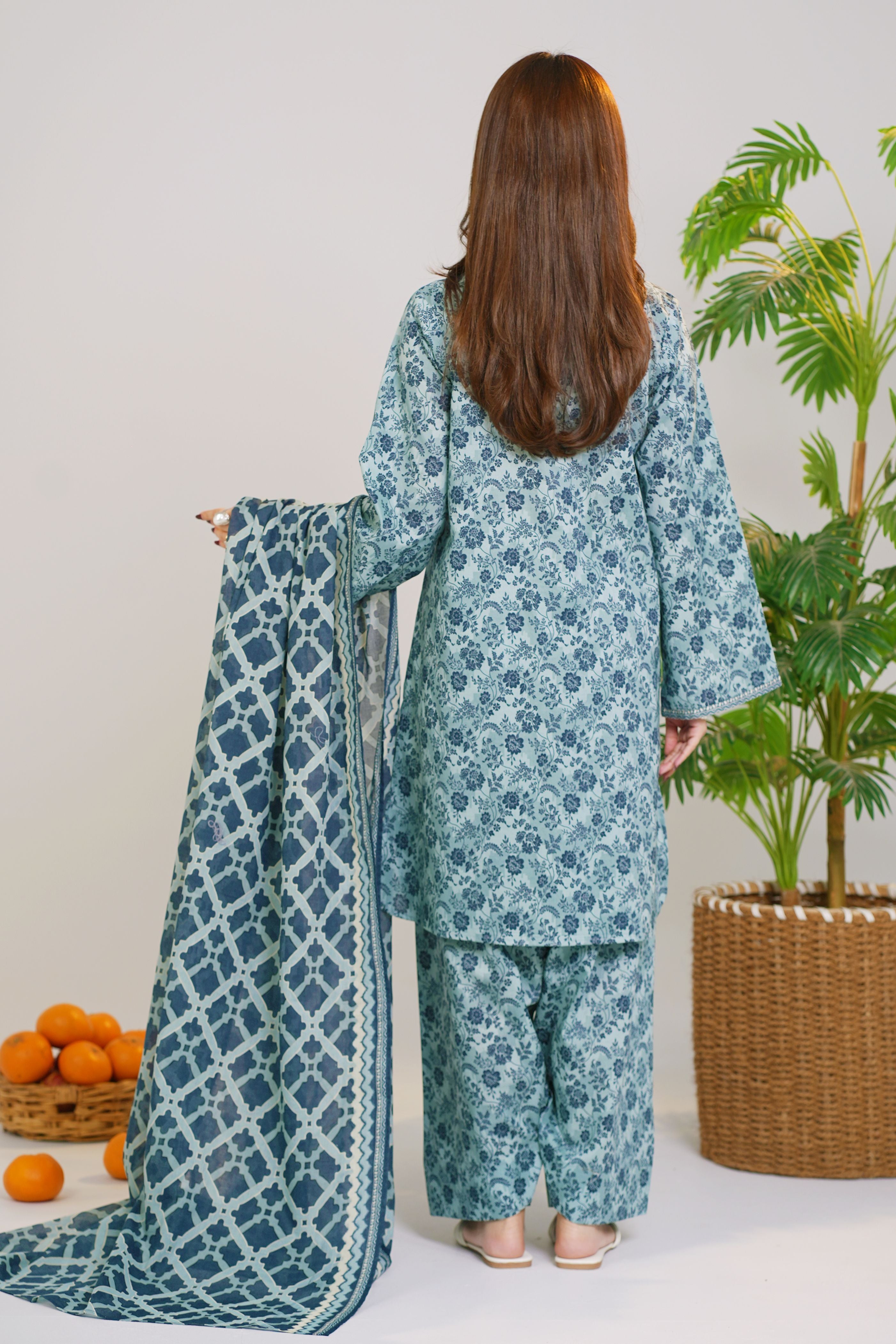 Printed Lawn Suit 3Pc with Printed Dupatta and Dyed Cambric Trouser