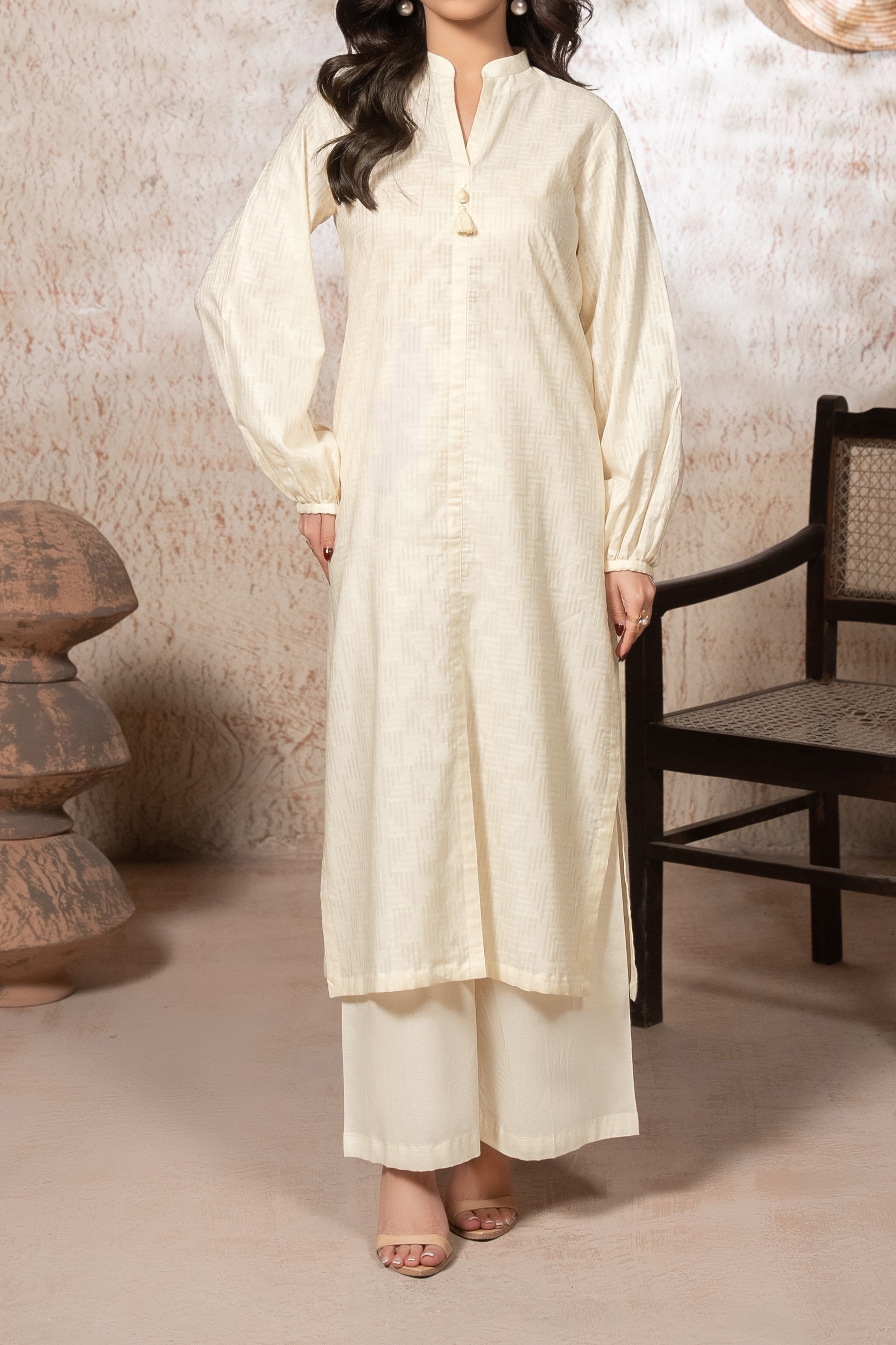 White Lawn Jacquard Stitched 2 Piece Suit for Women