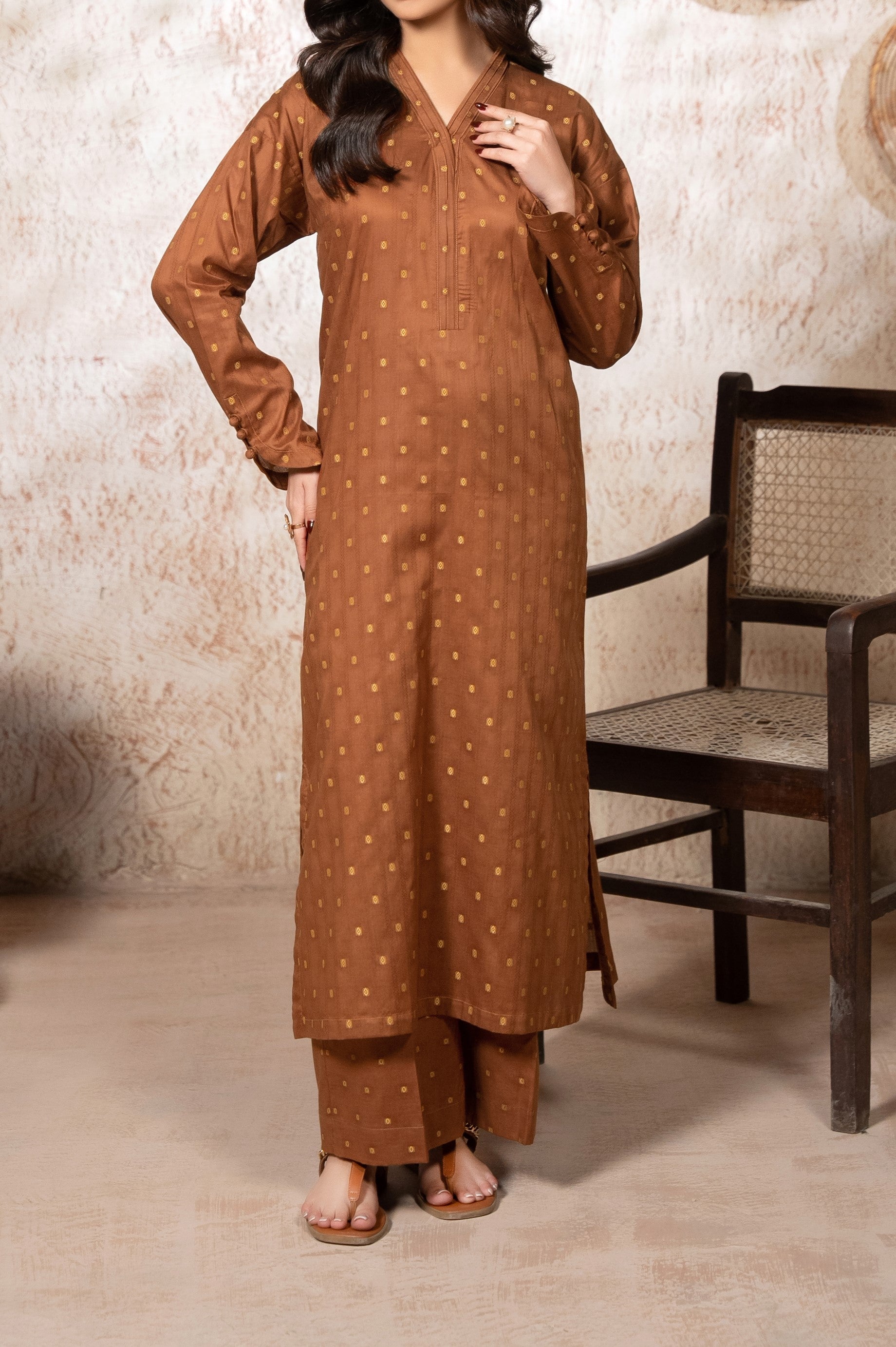 Brown Lawn Jacquard Stitched 2 Piece Suit for Women