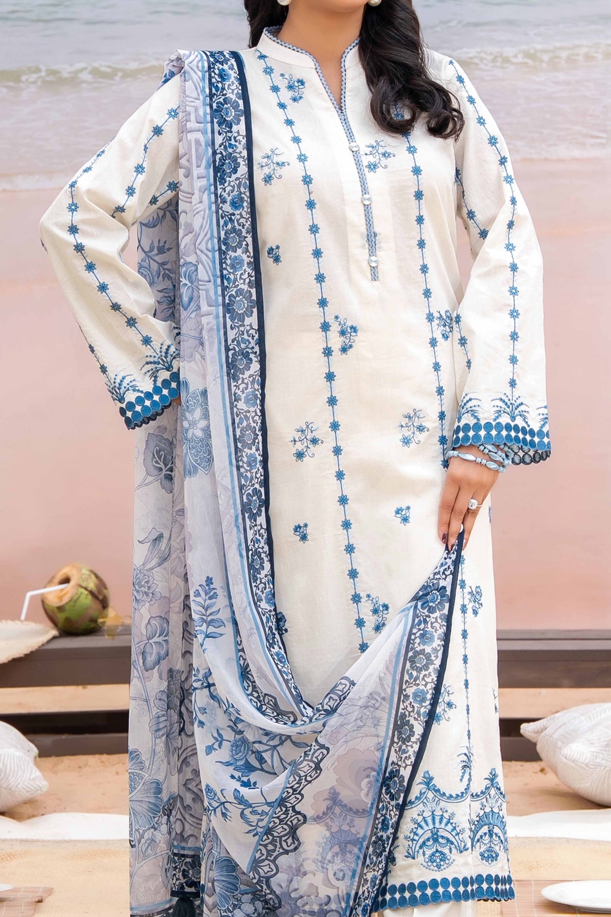 NUSLD3091 Dobby Embroidered Lawn Suit - Unstitched 3Pc