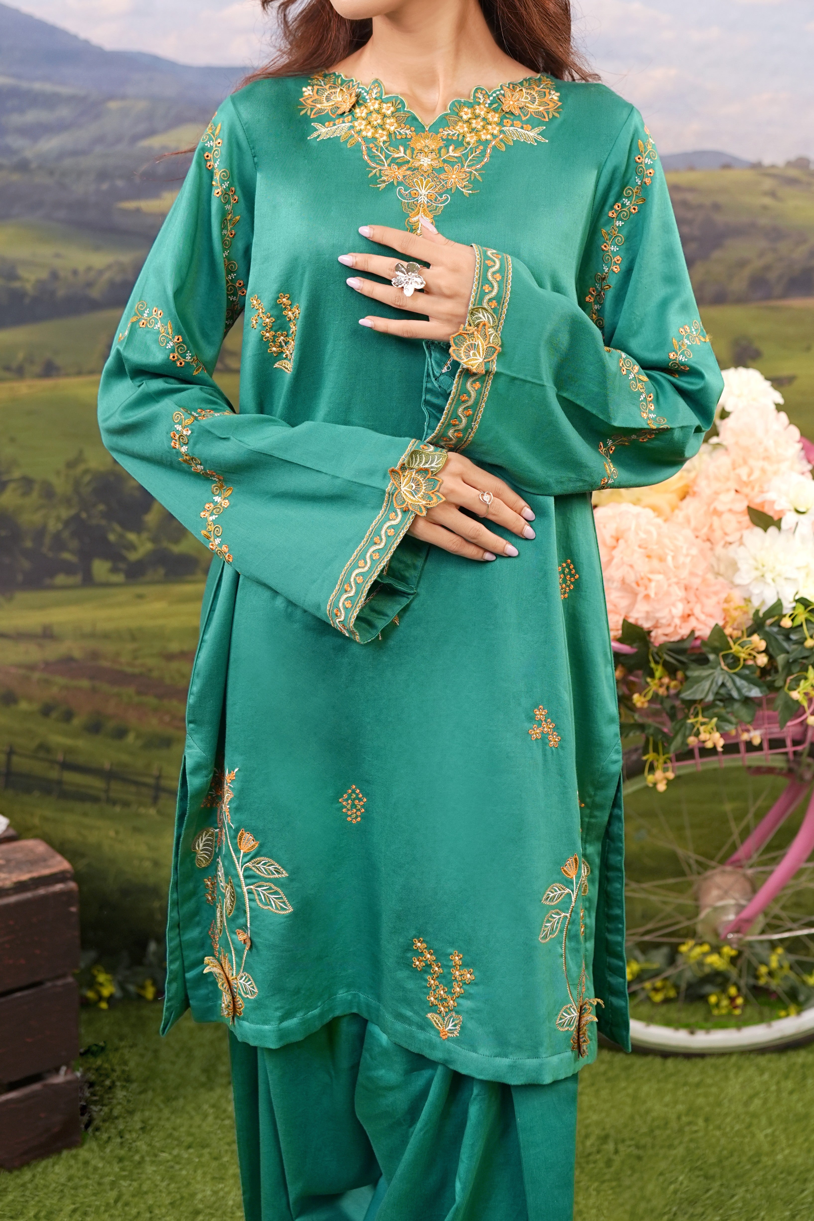 Cotton Satin Shirt with Embroidered Satin Trouser – Elegant Outfit