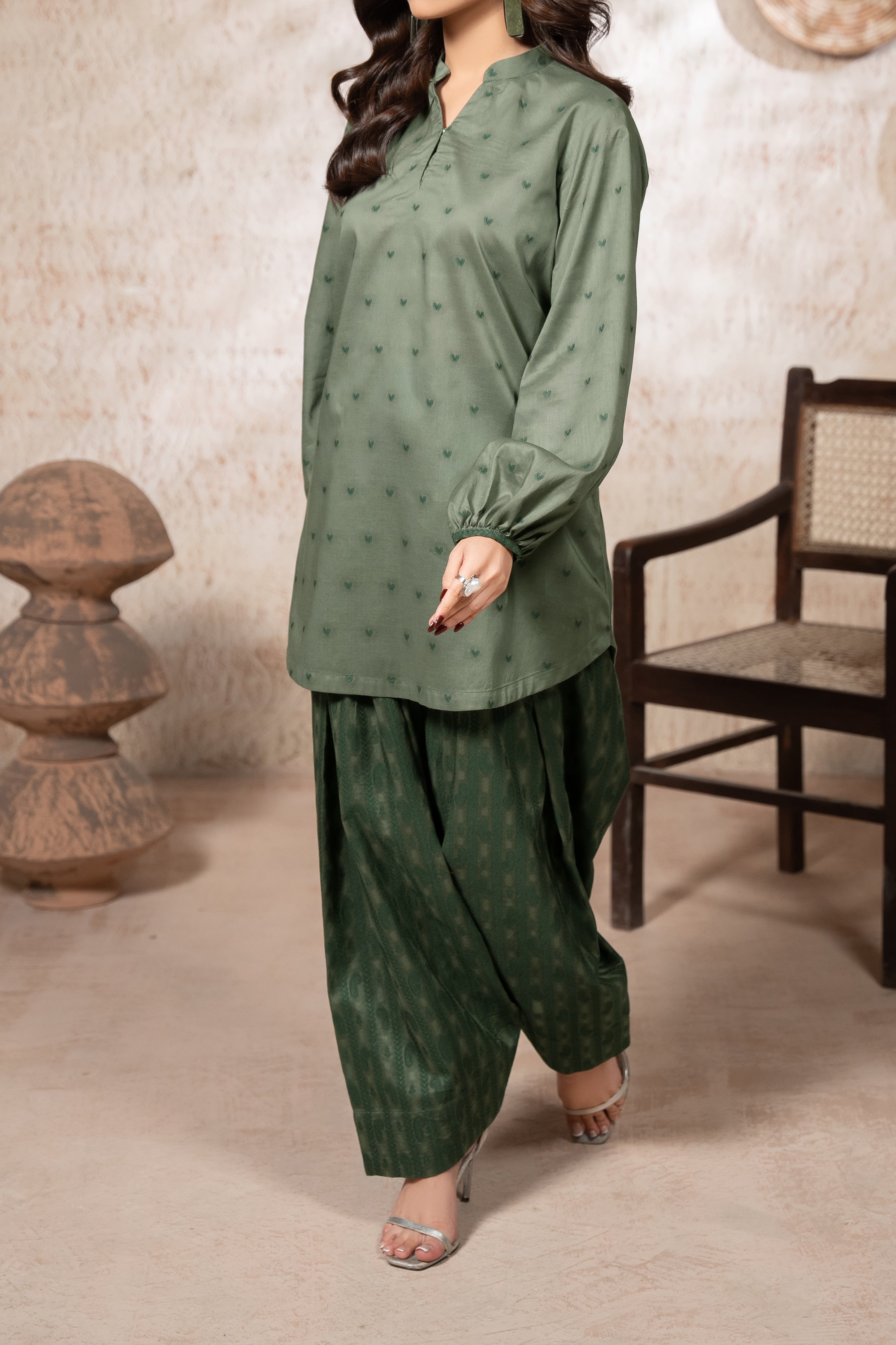 Green Lawn Jacquard Stitched 2 Piece Suit for Women
