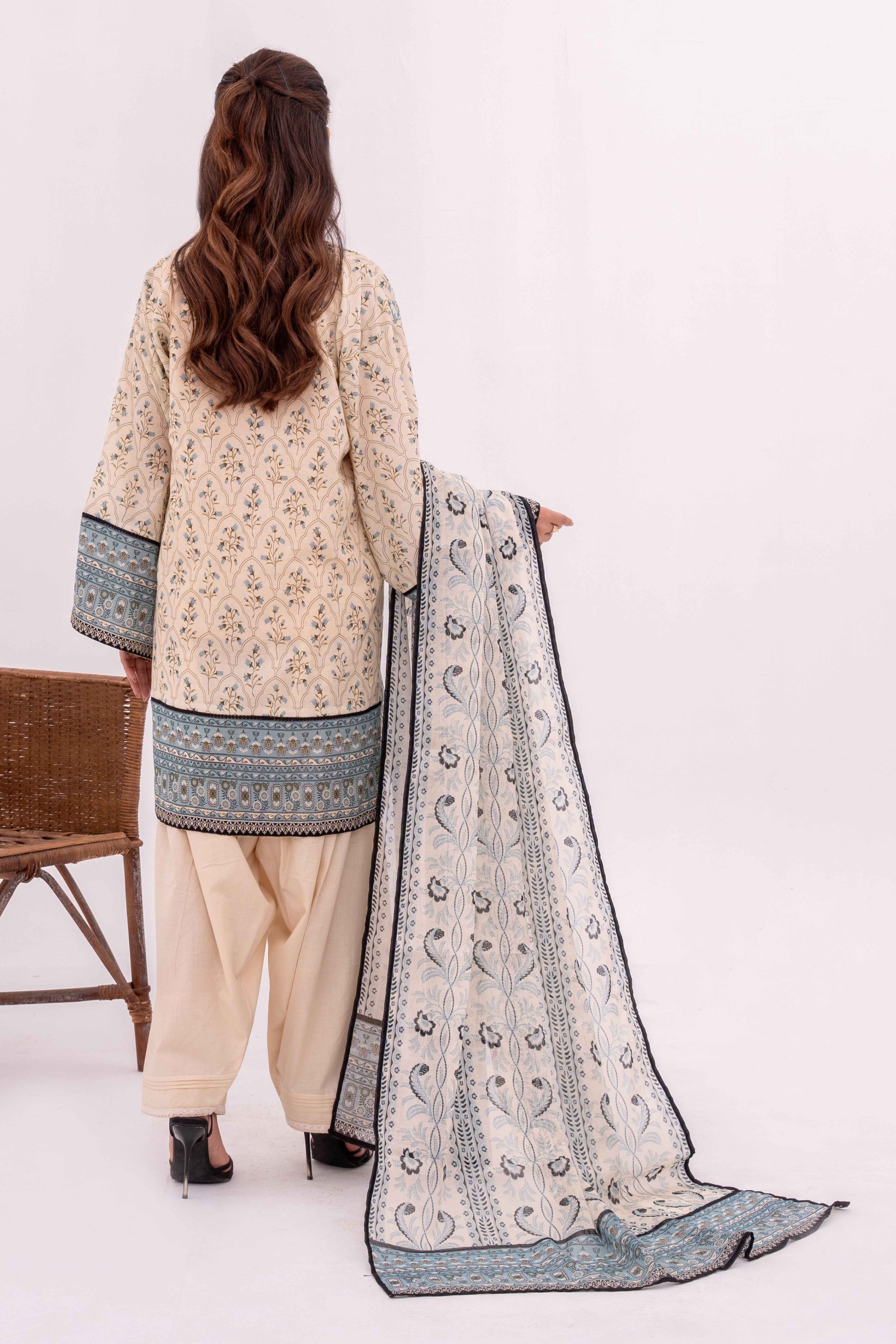 Cream Printed Lawn Suit 3Pc with Printed Dupatta and Dyed Cambric Trouser