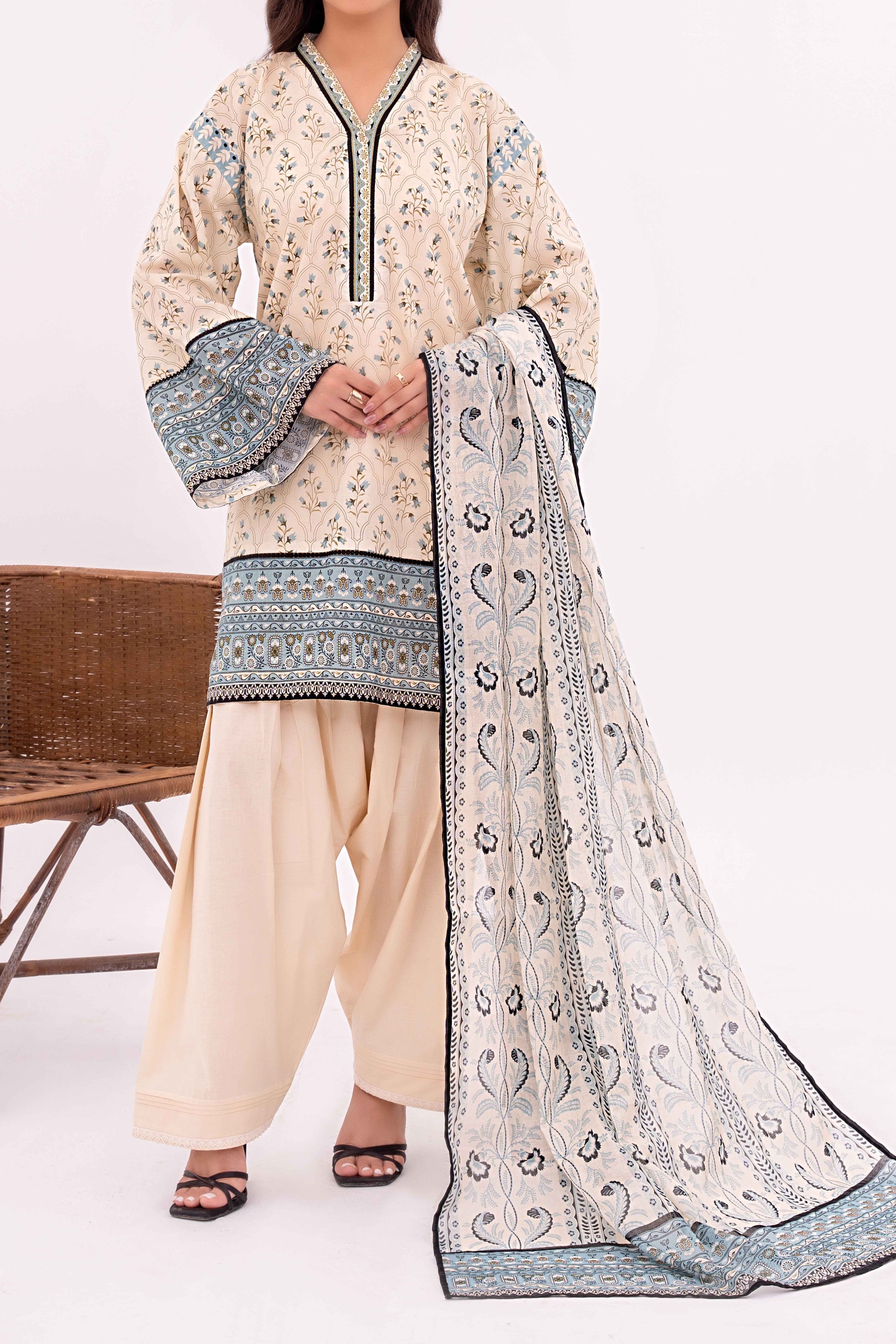 Cream Printed Lawn Suit 3Pc with Printed Dupatta and Dyed Cambric Trouser