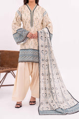Cream Printed Lawn Suit 3Pc with Printed Dupatta and Dyed Cambric Trouser