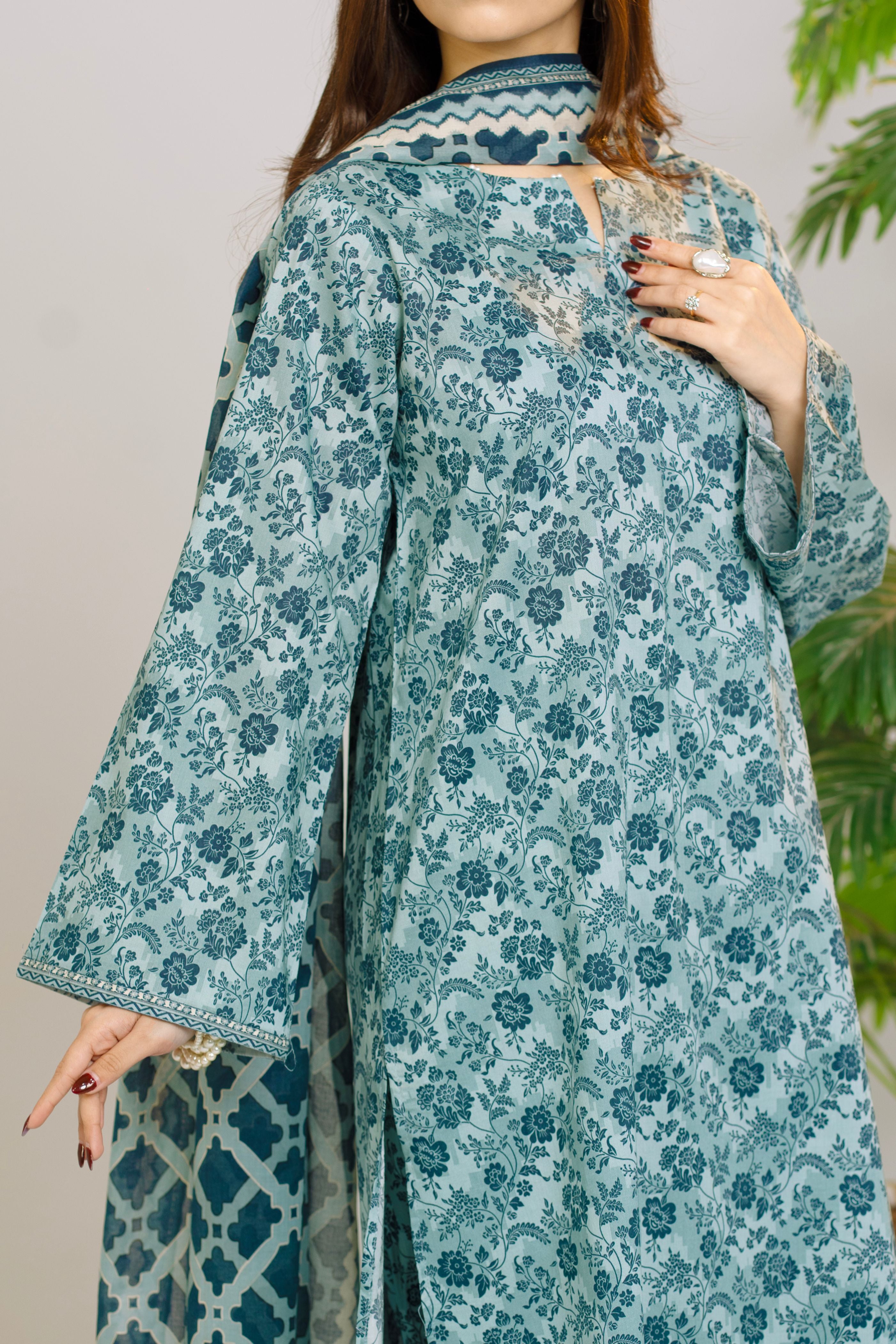 Printed Lawn Suit 3Pc with Printed Dupatta and Dyed Cambric Trouser