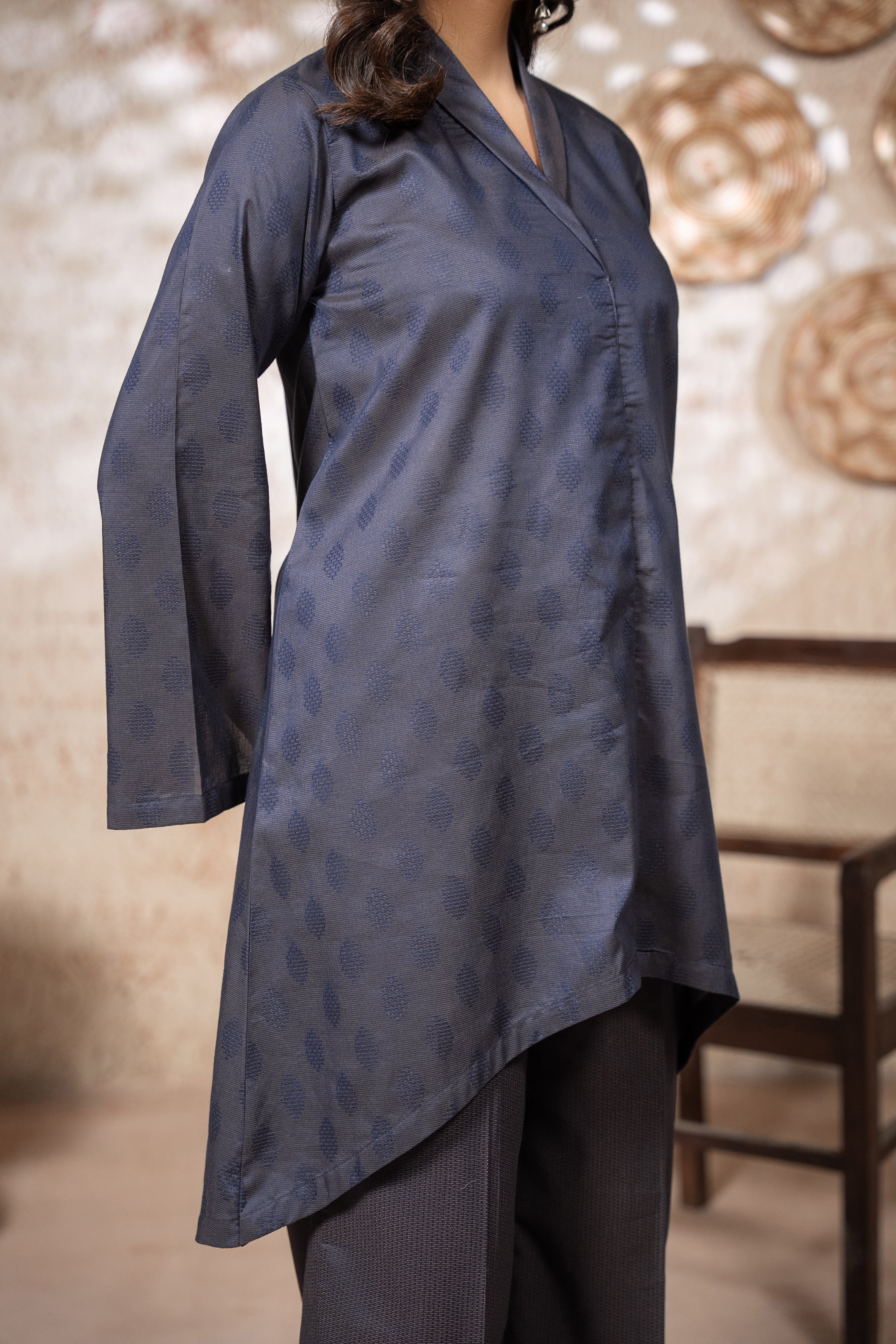 Blue Lawn Jacquard Stitched 2 Piece Suit for Women