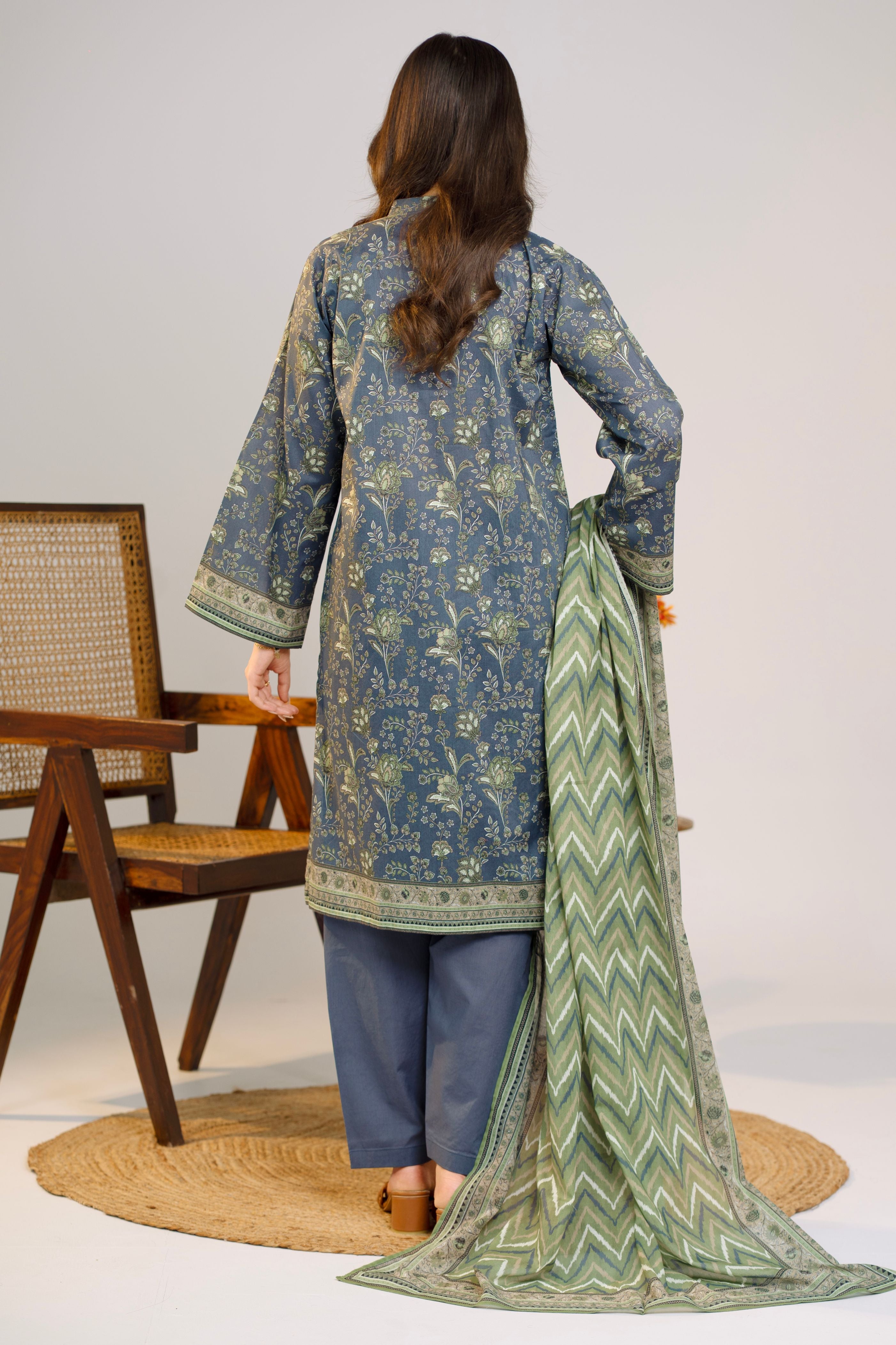Printed Lawn Suit 3Pc with Printed Dupatta and Dyed Cambric Trouser