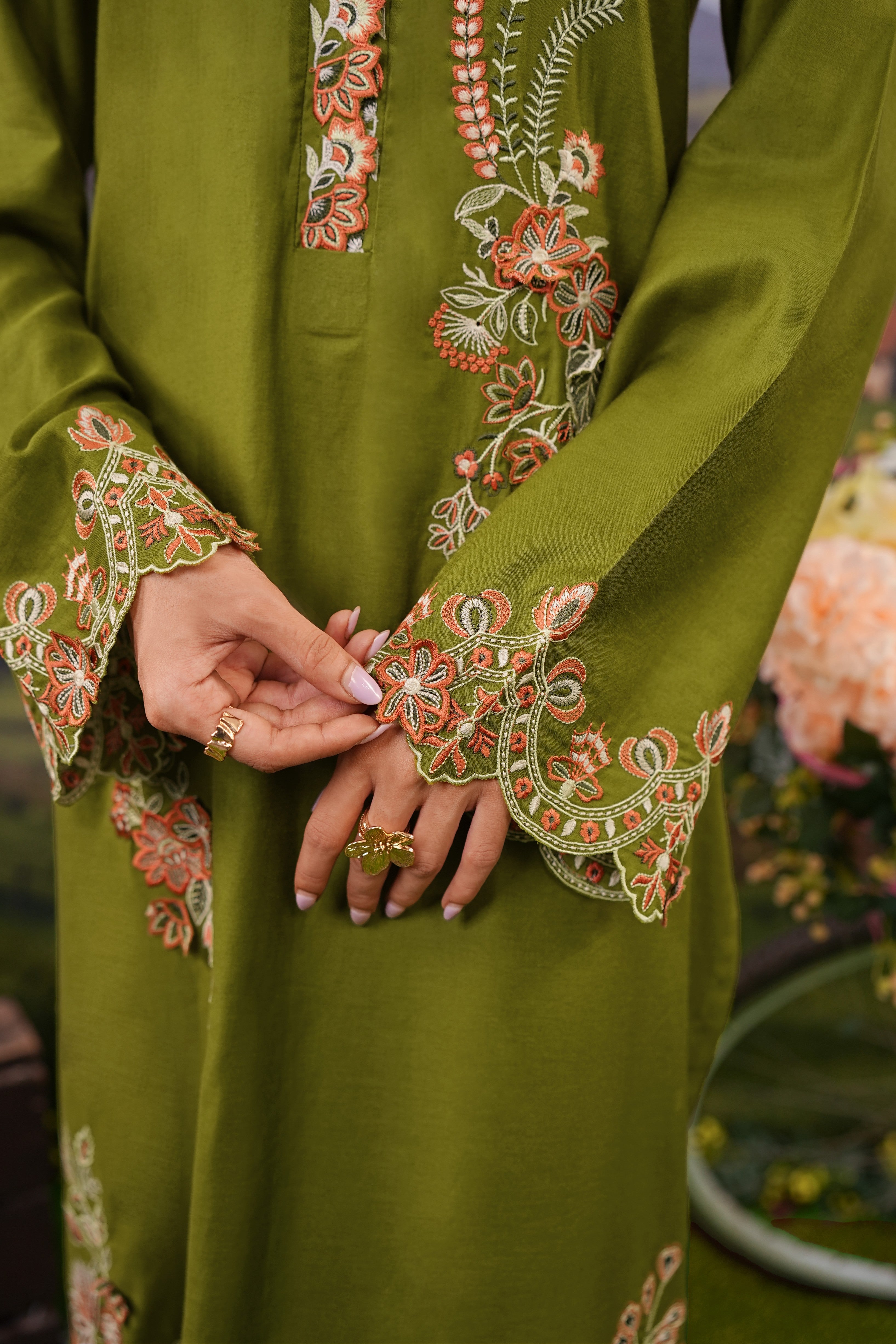 Cotton Satin Shirt with Solid Dyed Trouser featuring detailed stitching