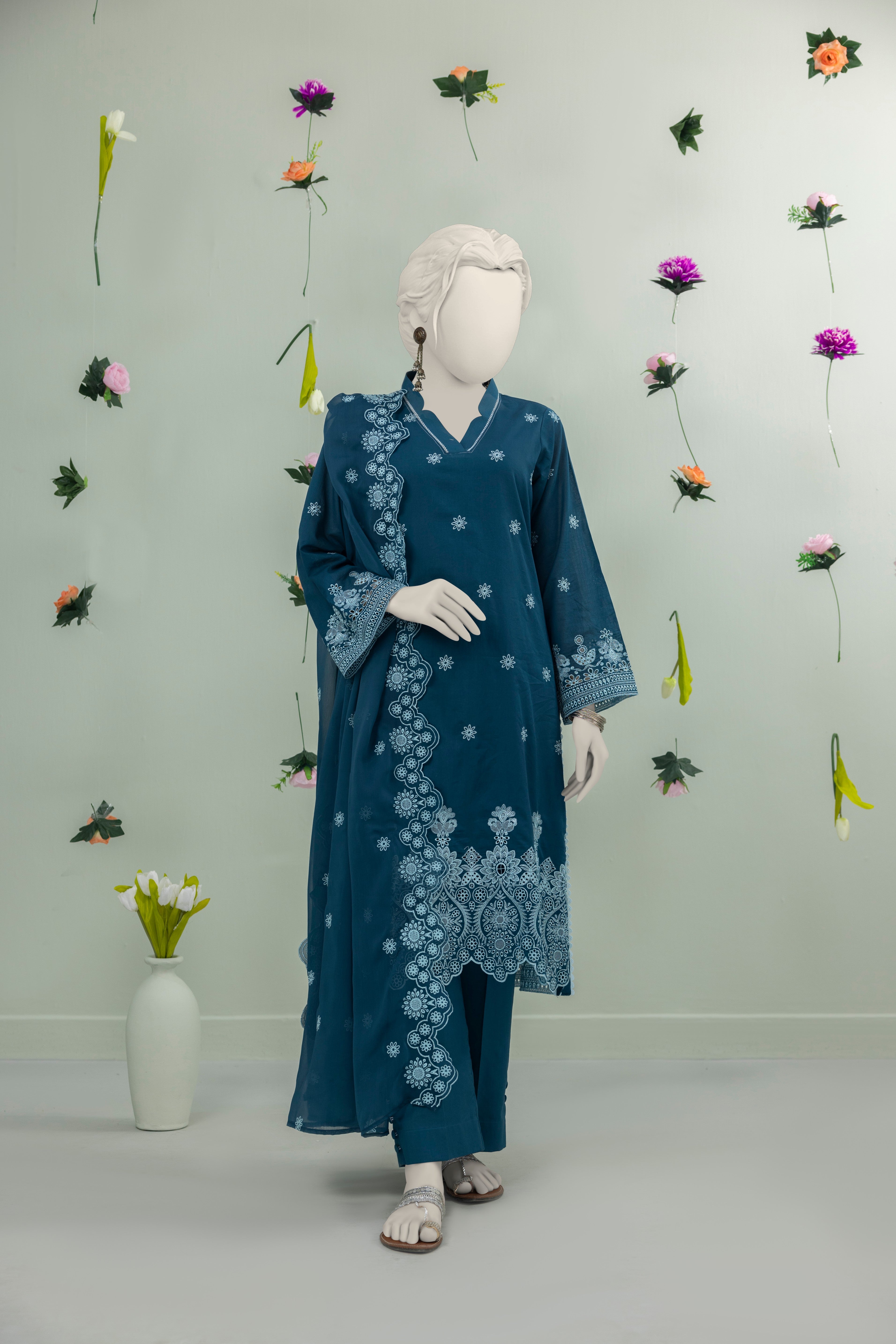 NUS3132 Schiffli Embroidered Lawn Suit - 3 Pc