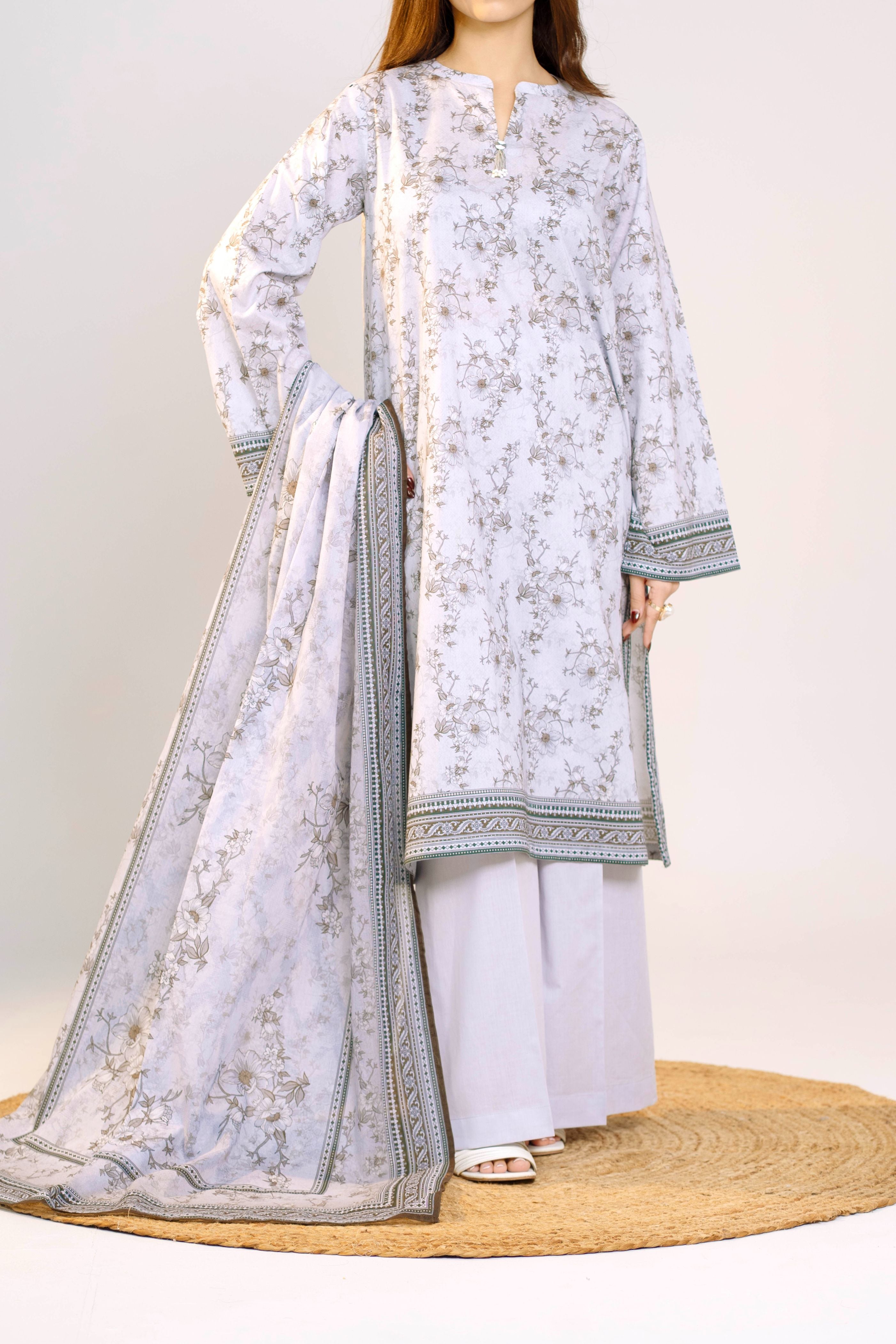 Printed Lawn Suit 3Pc with Printed Dupatta and Dyed Cambric Trouser