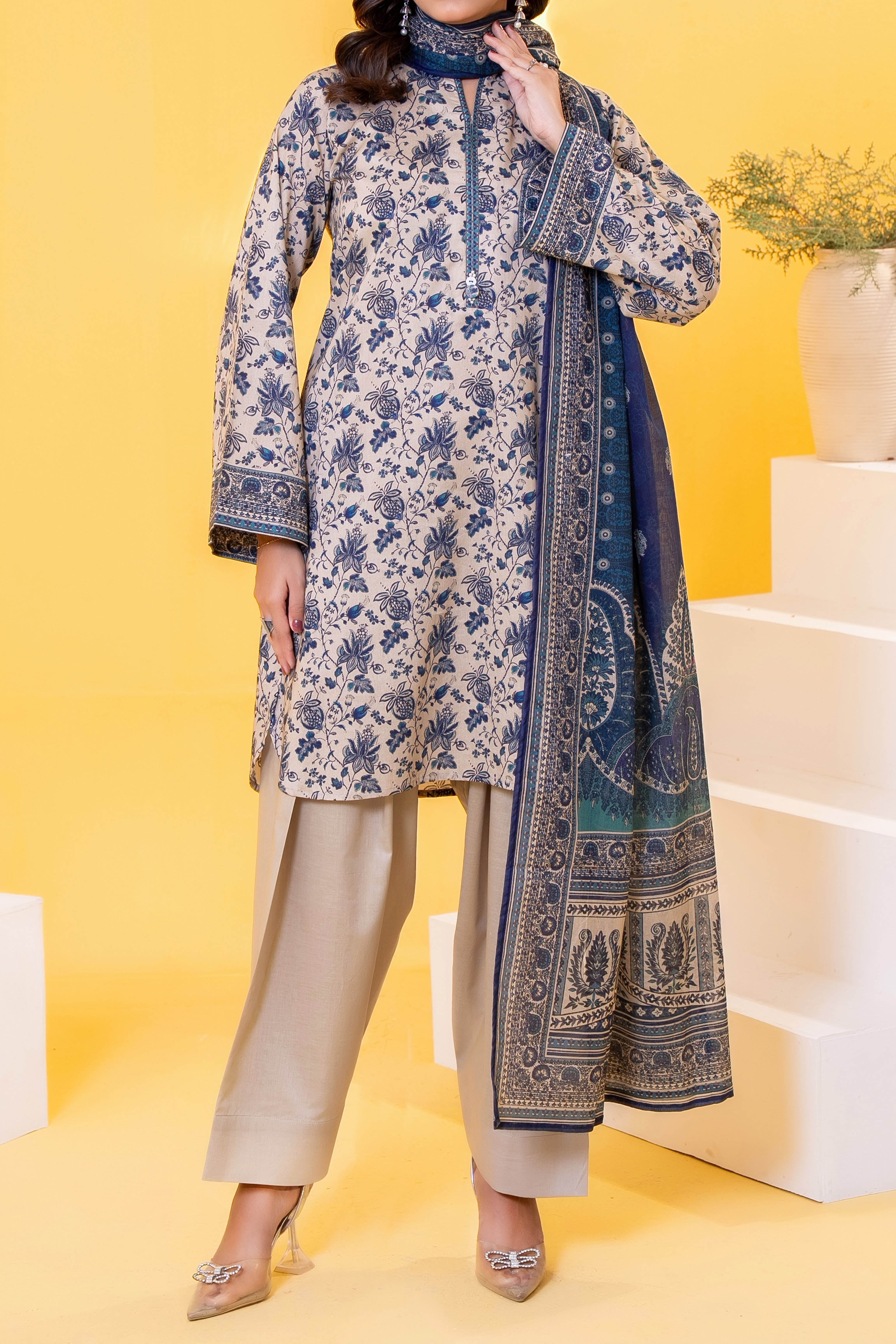 Fawn printed 3 piece lawn suit for women with lawn dupatta and cambric trouser
Printed lawn shirt in black color for ladies