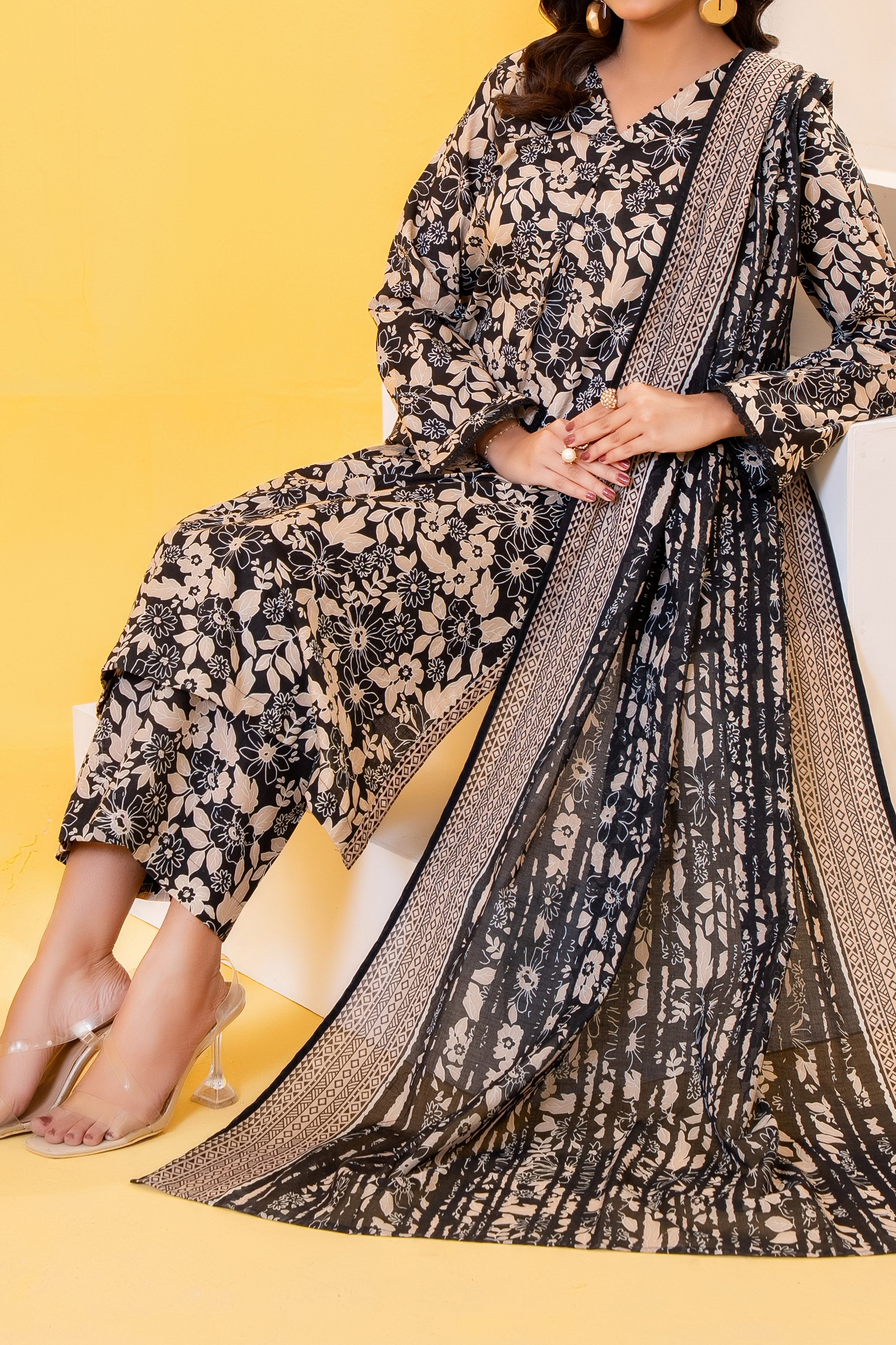 Black & Light Gold Printed Lawn Suit 3Pc with Printed Dupatta and Dyed Cambric Trouser