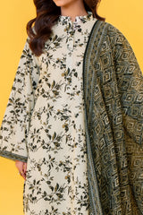 White & Black Printed Lawn Suit 3Pc with Printed Dupatta and Dyed Cambric Trouser