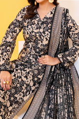 Black & Light Gold Printed Lawn Suit 3Pc with Printed Dupatta and Dyed Cambric Trouser