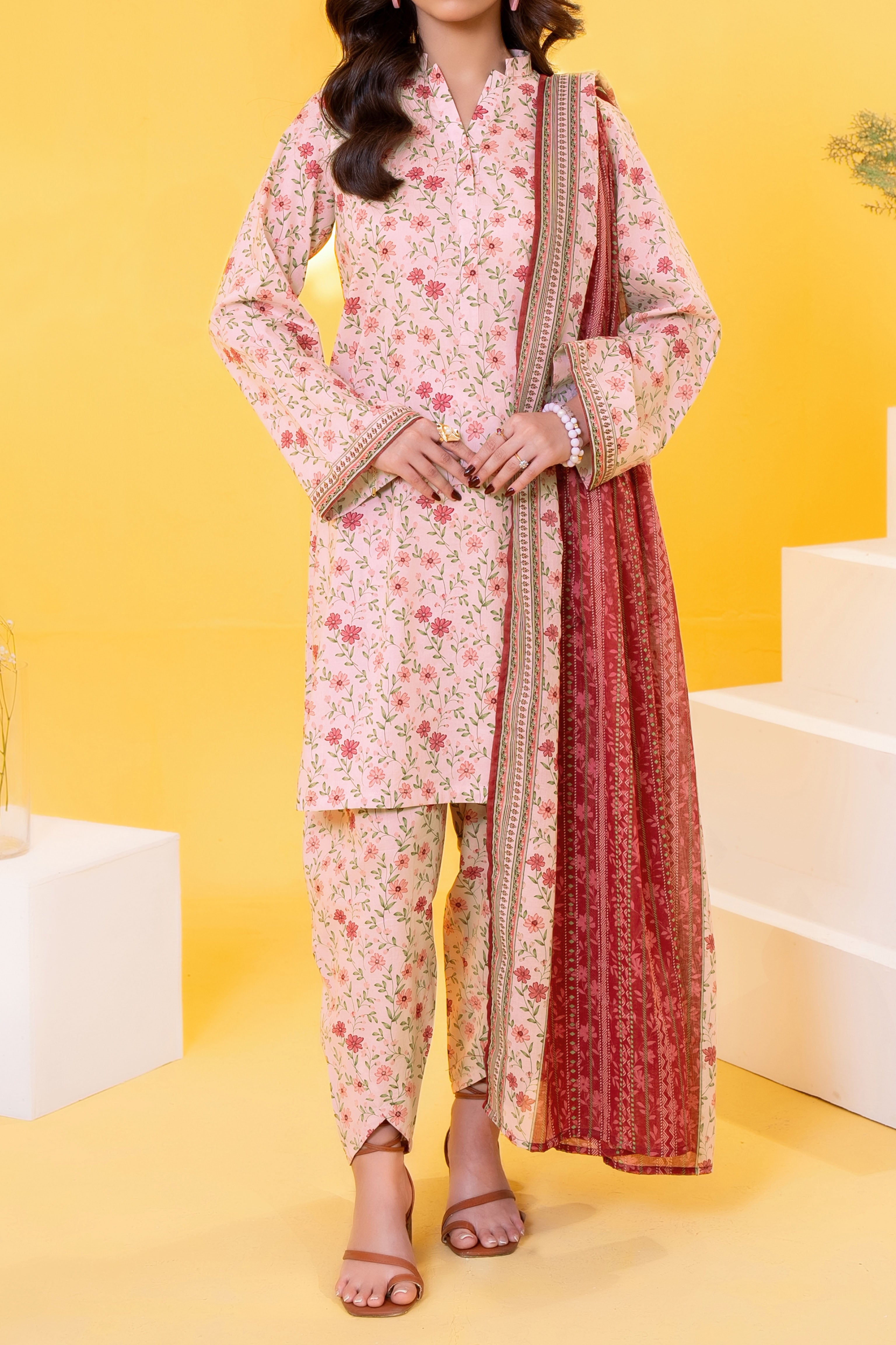 Rose Pink printed 3 piece lawn suit for women with lawn dupatta and cambric trouser
Printed lawn shirt in Rose Pink color for ladies