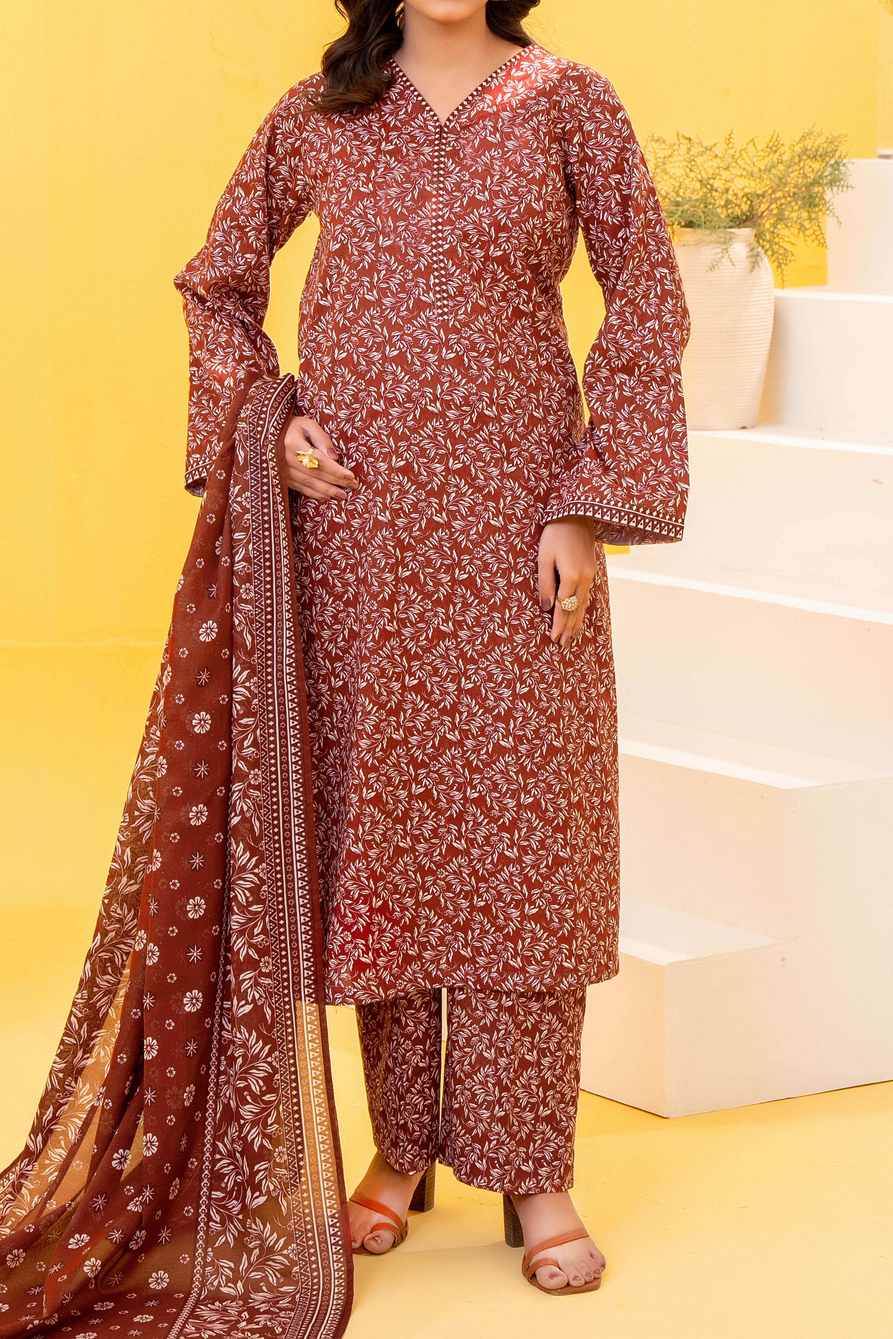 Red Printed Lawn Suit 3Pc with Printed Dupatta and Dyed Cambric Trouser