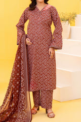 Red Printed Lawn Suit 3Pc with Printed Dupatta and Dyed Cambric Trouser